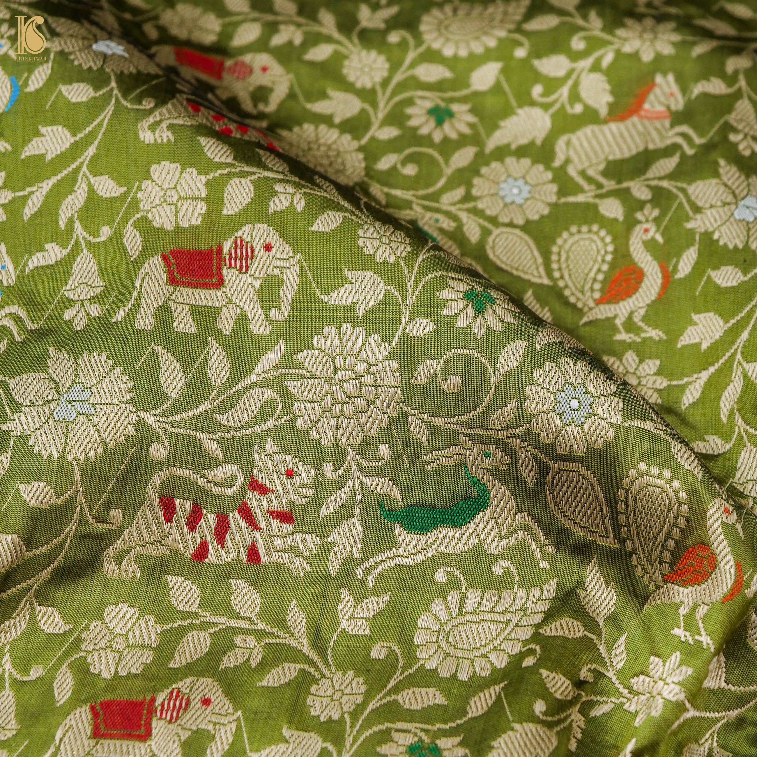 Handwoven Olive Green Pure Katan Silk Banarasi Shikargah Fabric - Khinkhwab