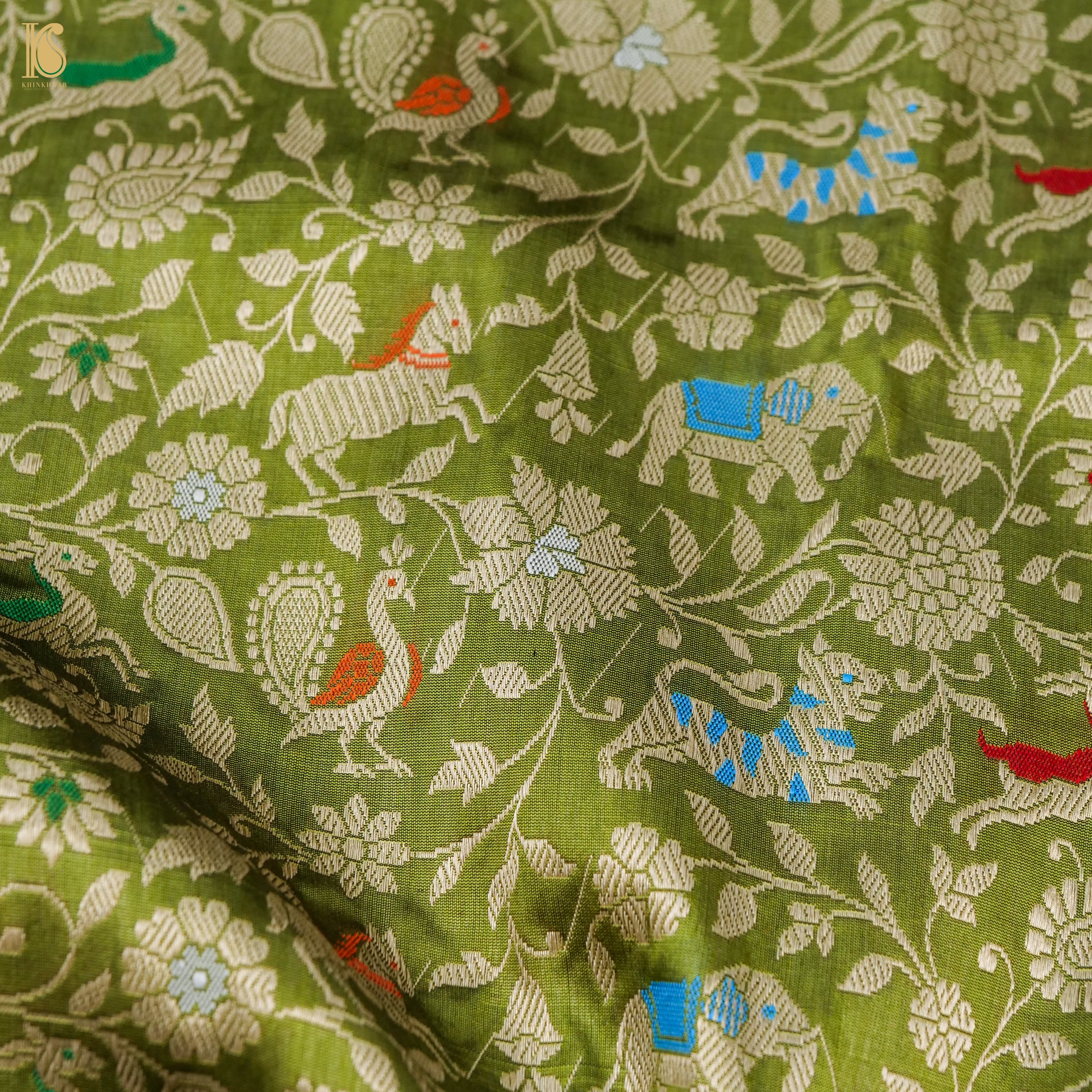 Handwoven Olive Green Pure Katan Silk Banarasi Shikargah Fabric - Khinkhwab
