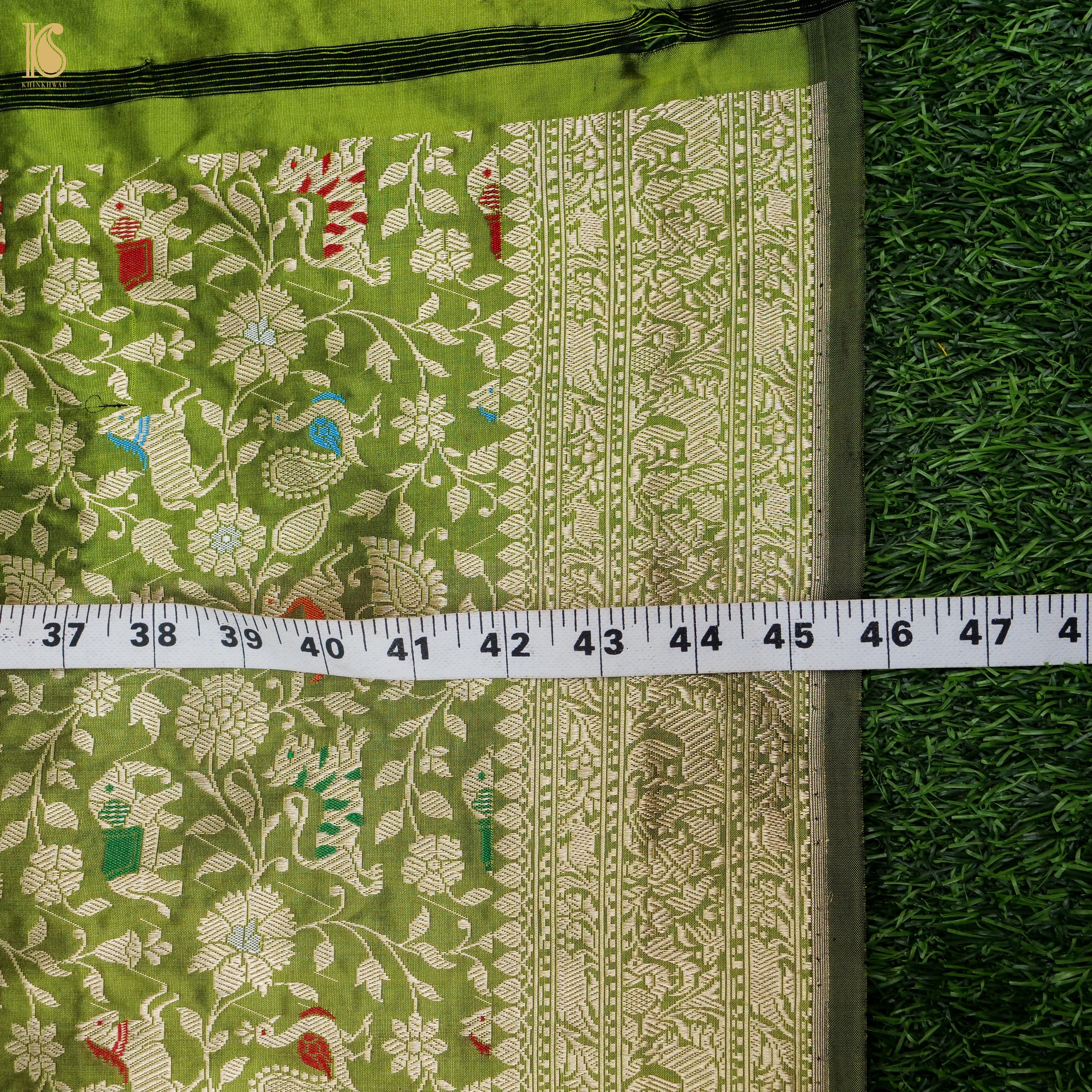Handwoven Olive Green Pure Katan Silk Banarasi Shikargah Fabric - Khinkhwab