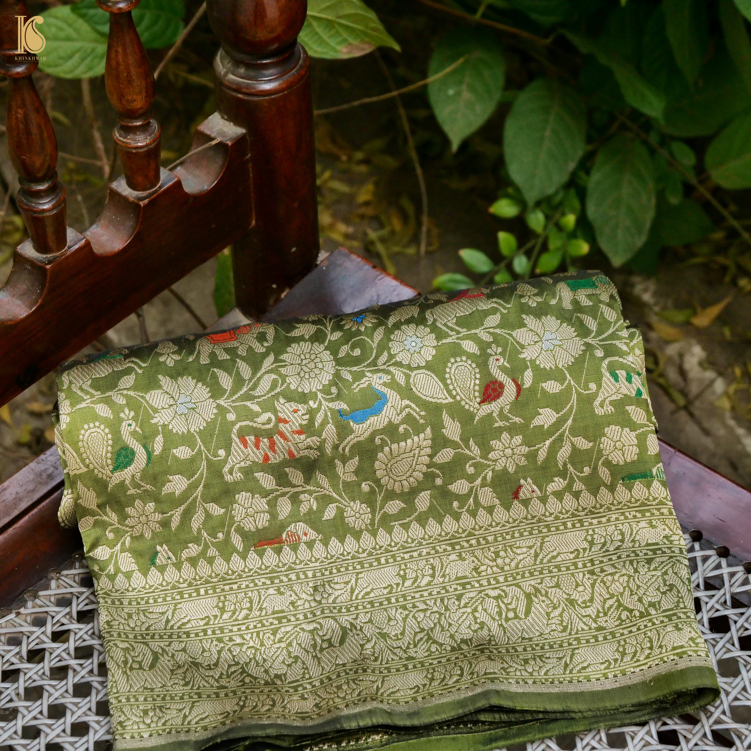 Handwoven Olive Green Pure Katan Silk Banarasi Shikargah Fabric - Khinkhwab