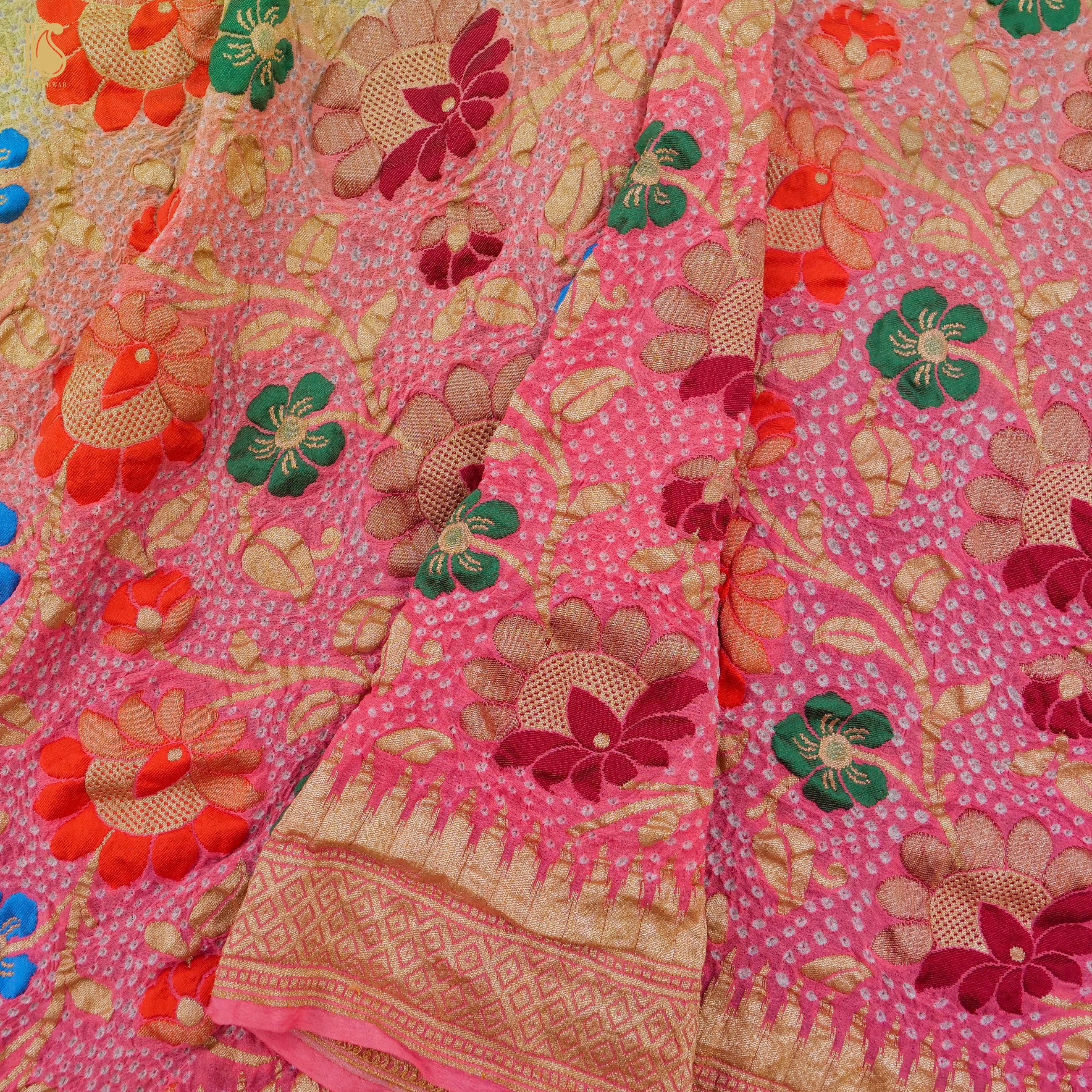 Shaded Pure Georgette Handloom Banarasi Bandhani Meenakari Saree - Khinkhwab