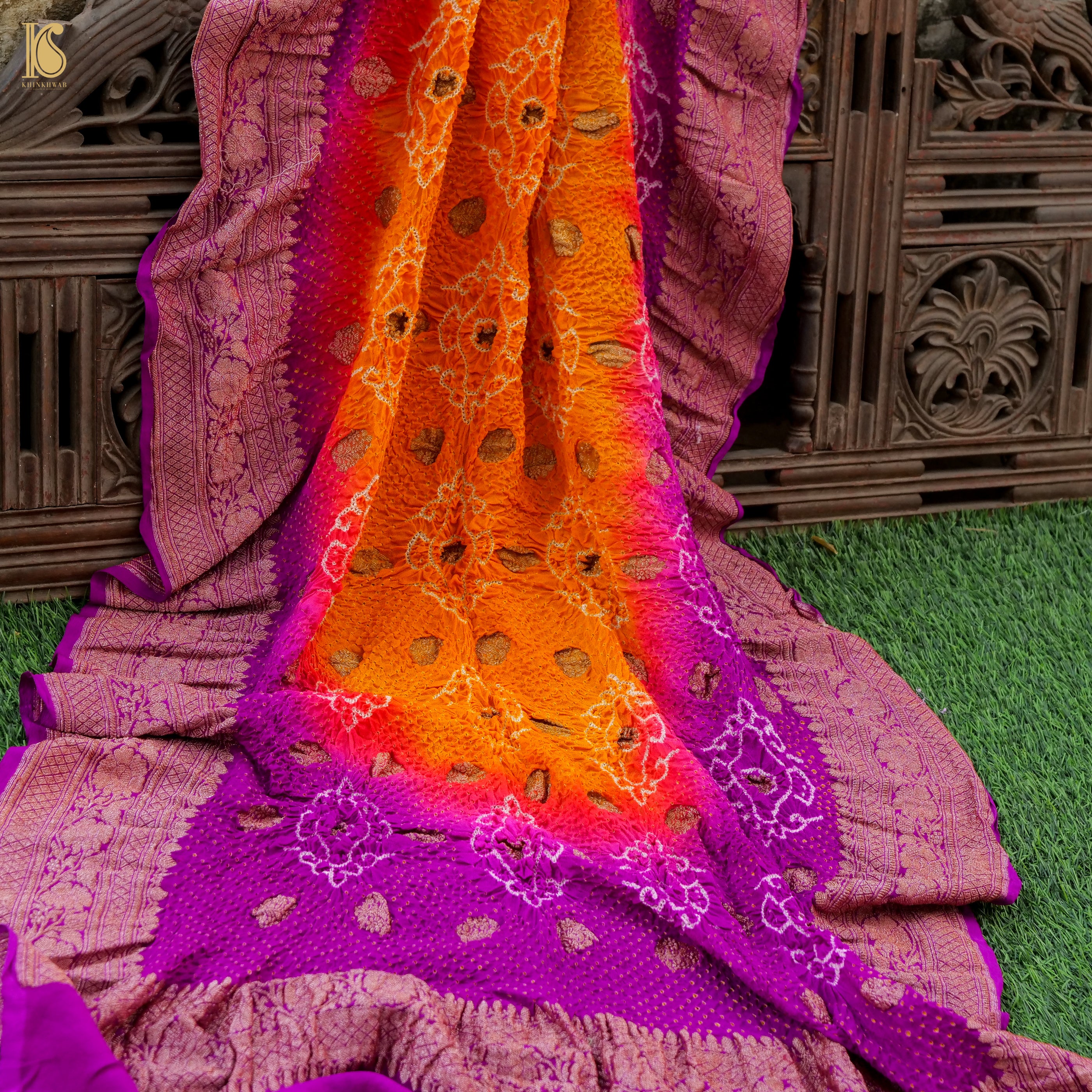 Orange & Purple Pure Georgette Handloom Bandhani Banarasi Dupatta - Khinkhwab