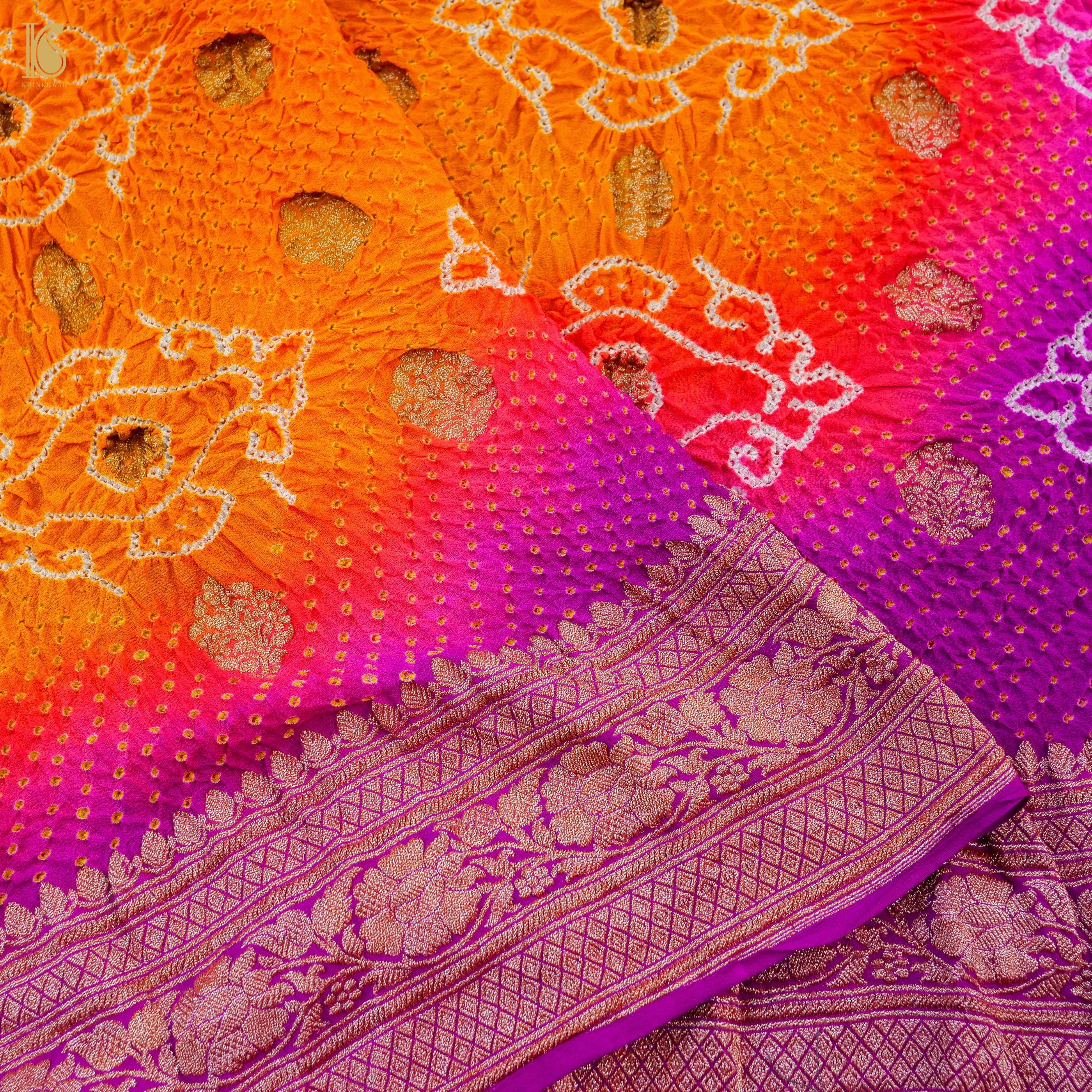 Orange & Purple Pure Georgette Handloom Bandhani Banarasi Dupatta - Khinkhwab