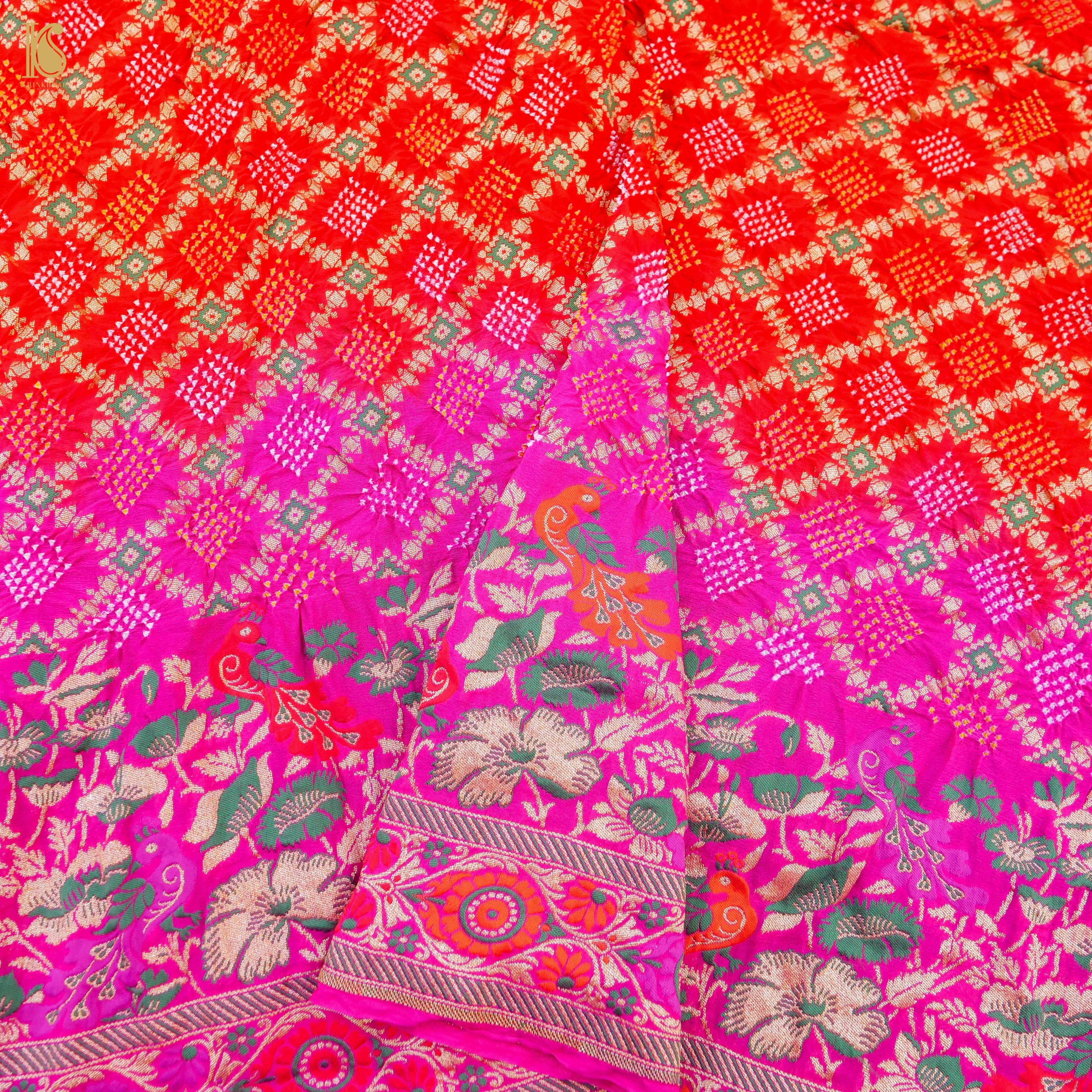 Shaded Pink Banarasi Pure Georgette Bandhani Saree - Khinkhwab