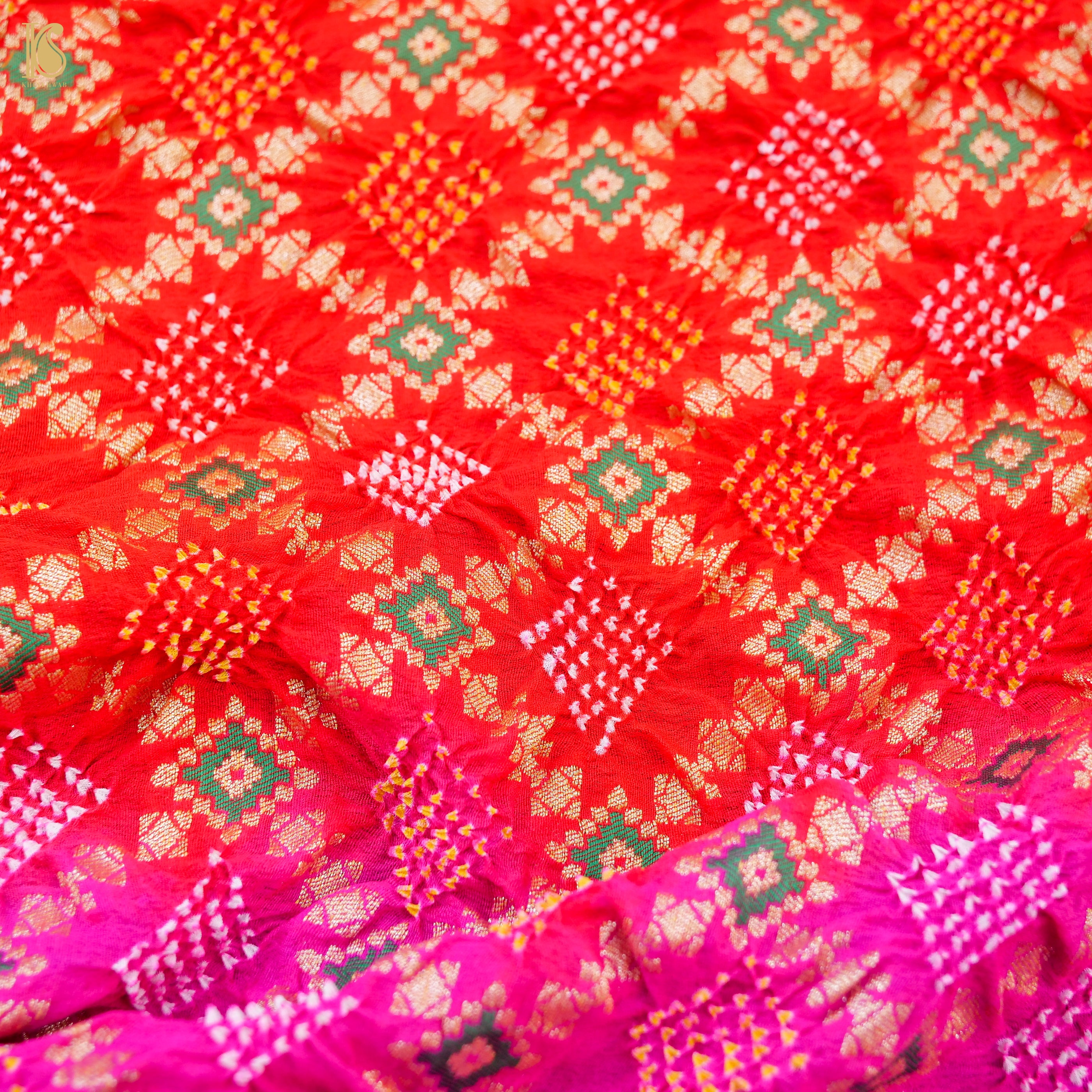 Shaded Pink Banarasi Pure Georgette Bandhani Saree - Khinkhwab