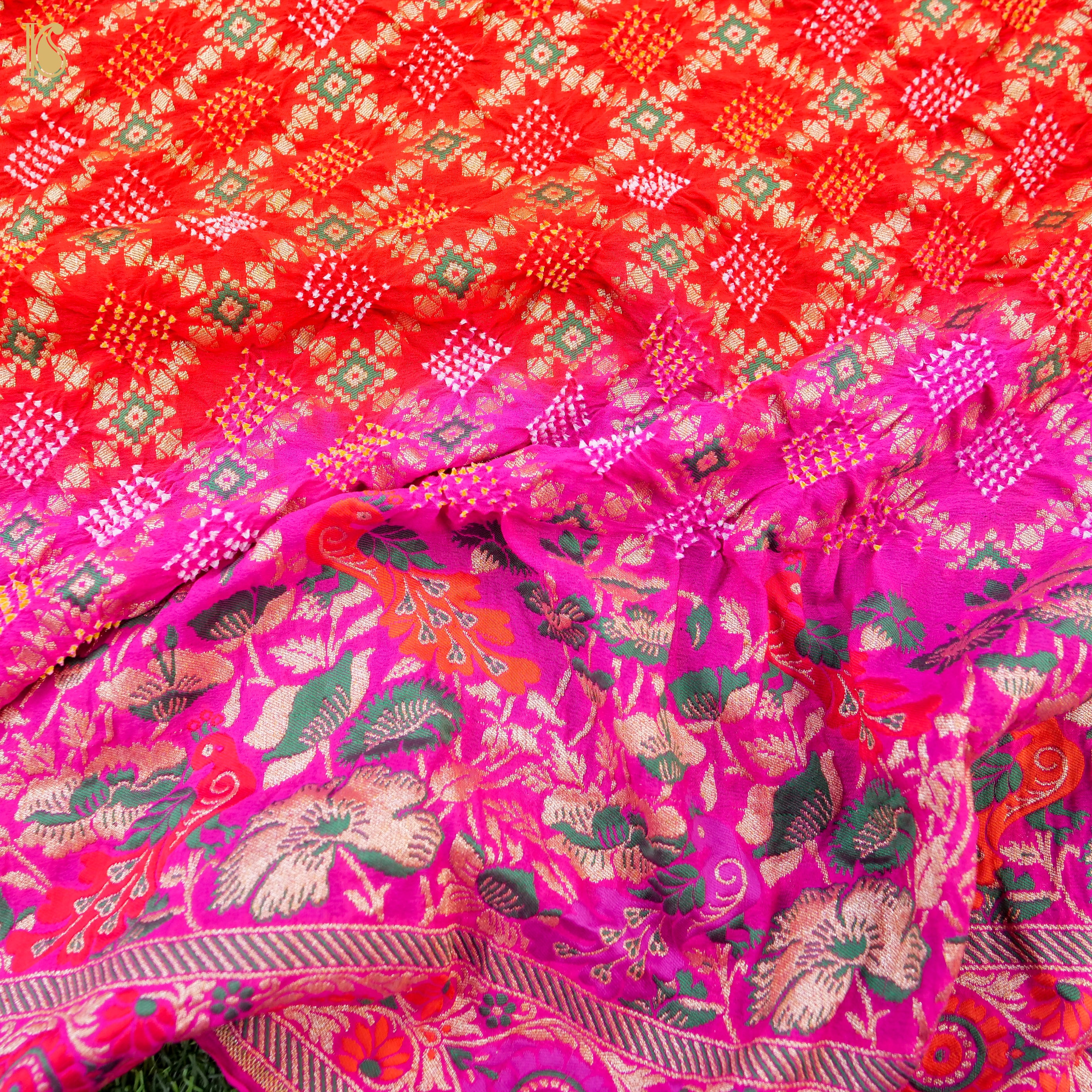Shaded Pink Banarasi Pure Georgette Bandhani Saree - Khinkhwab