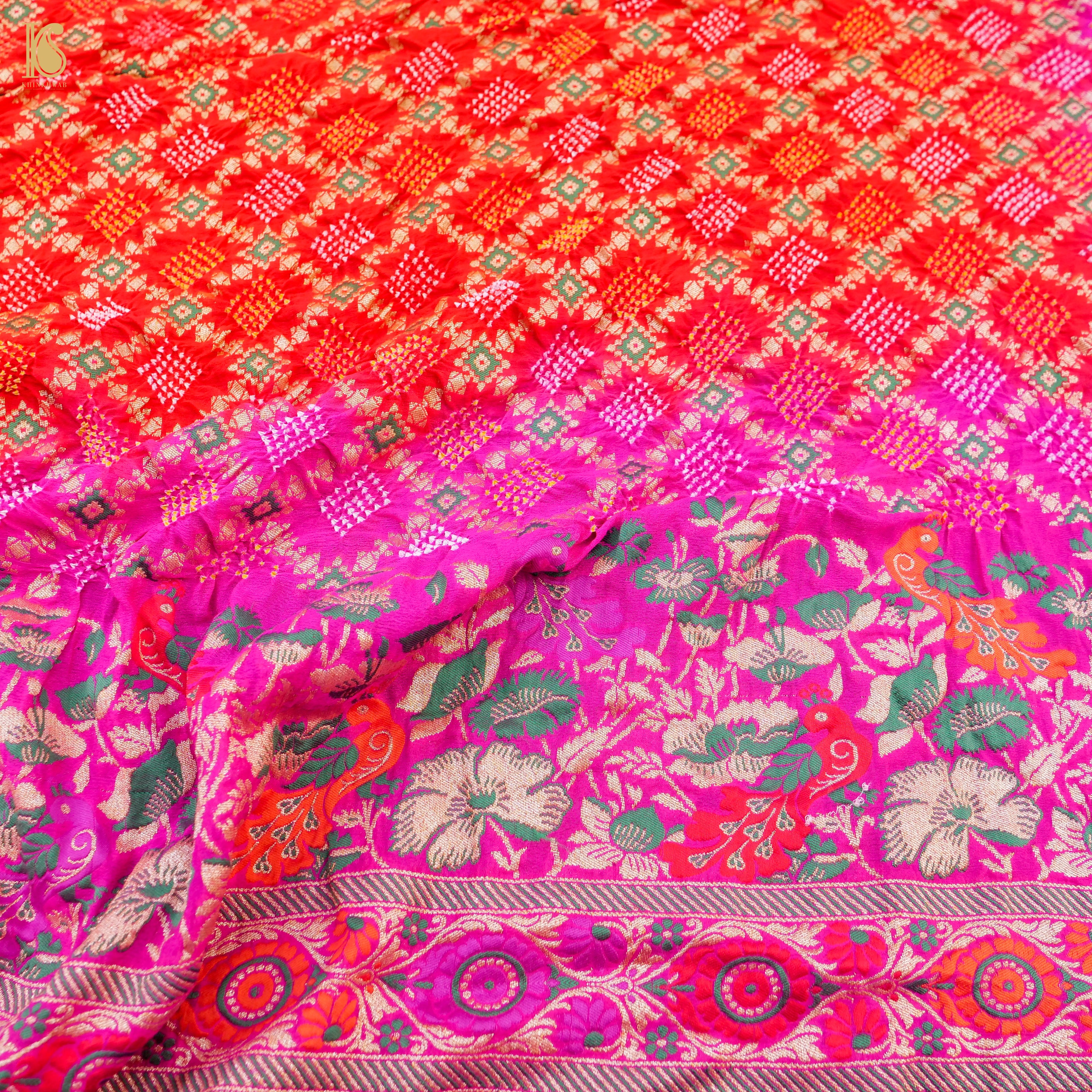 Shaded Pink Banarasi Pure Georgette Bandhani Saree - Khinkhwab