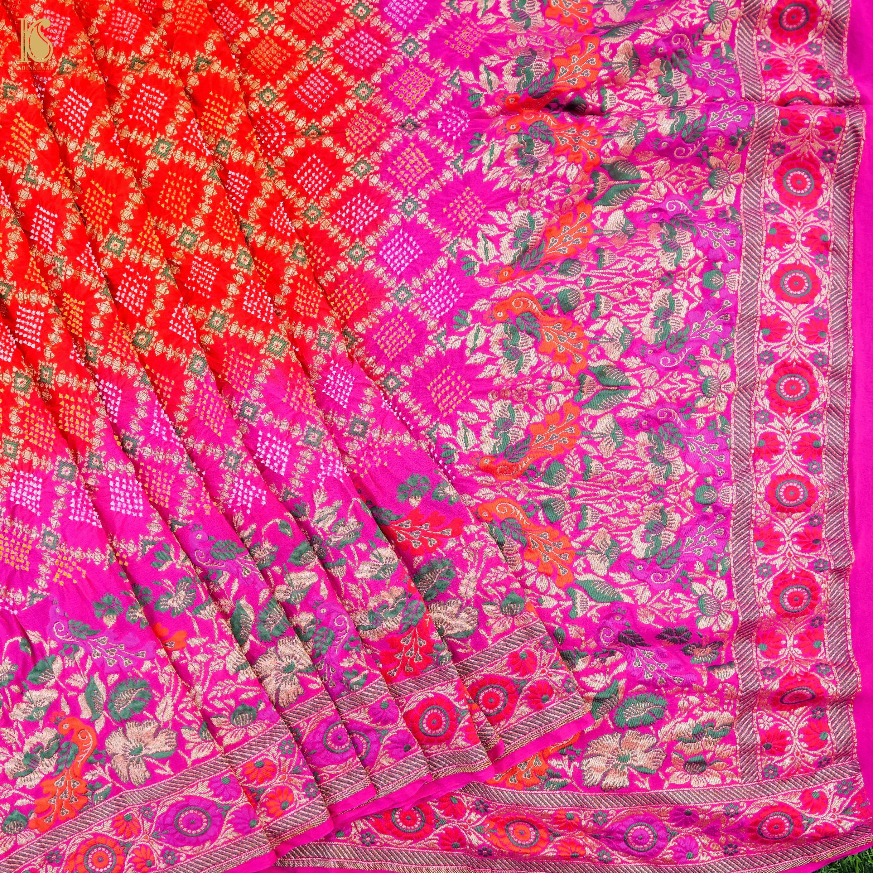 Shaded Pink Banarasi Pure Georgette Bandhani Saree - Khinkhwab