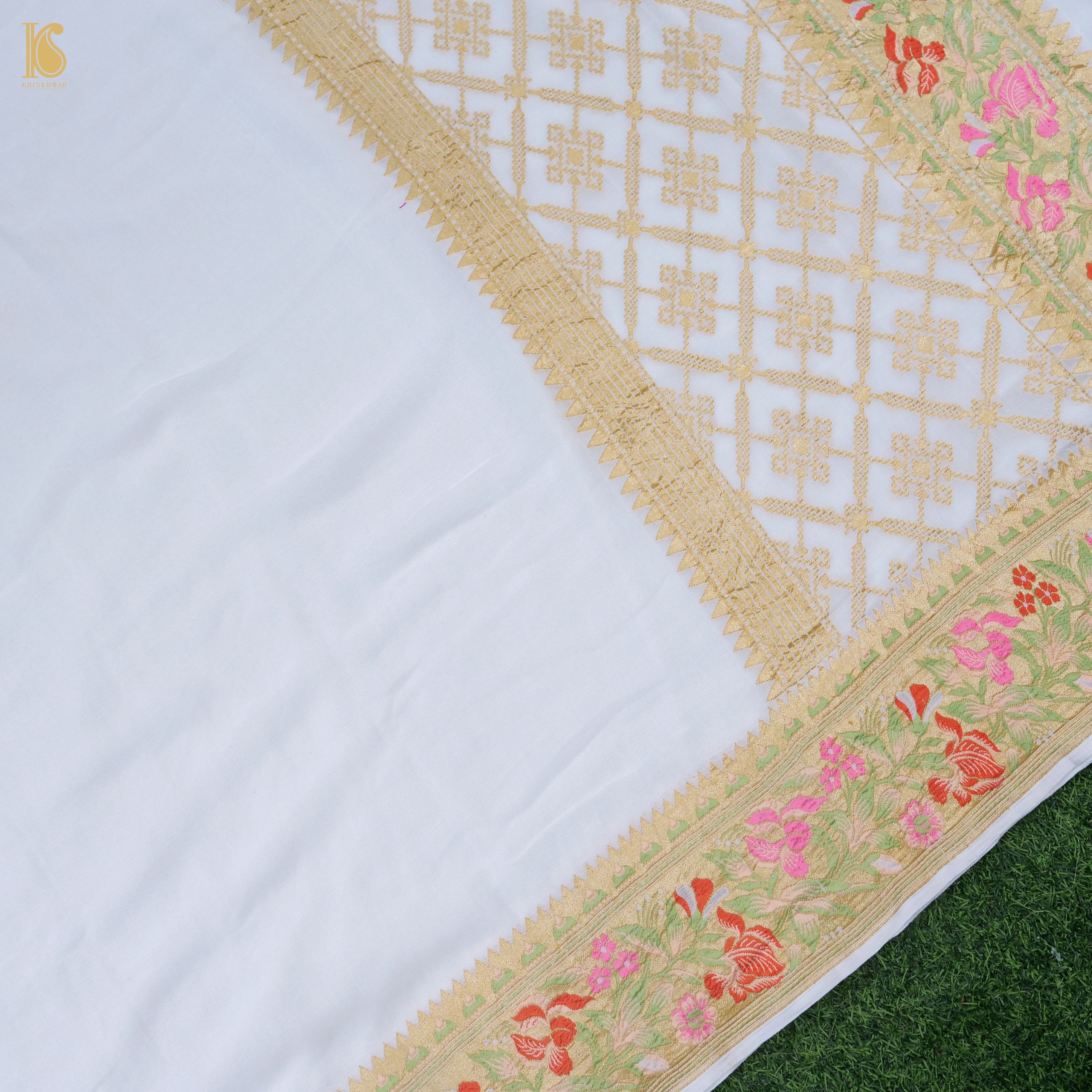 White Pure Georgette Handloom Banarasi Rose Border Saree - Khinkhwab