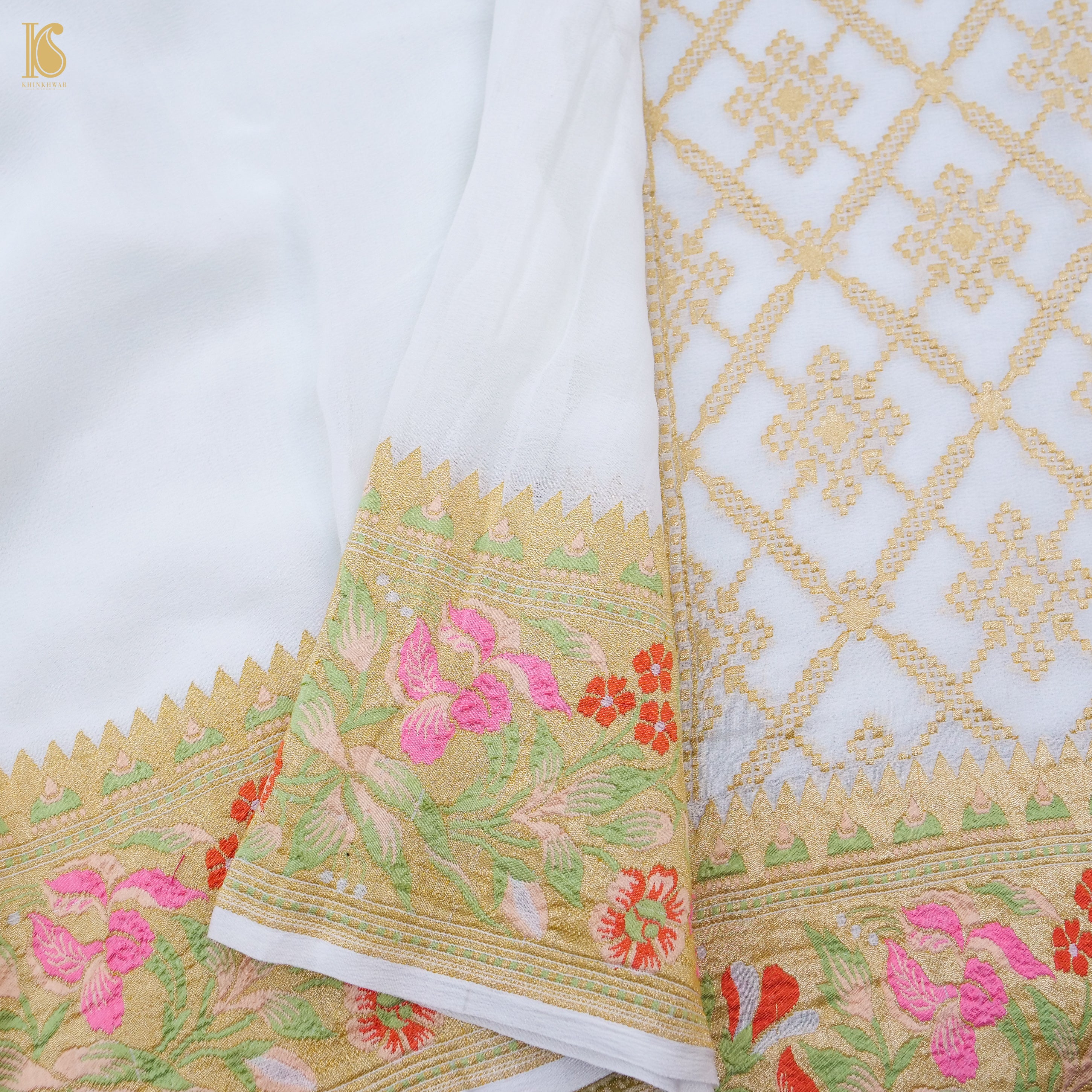White Pure Georgette Handloom Banarasi Rose Border Saree - Khinkhwab