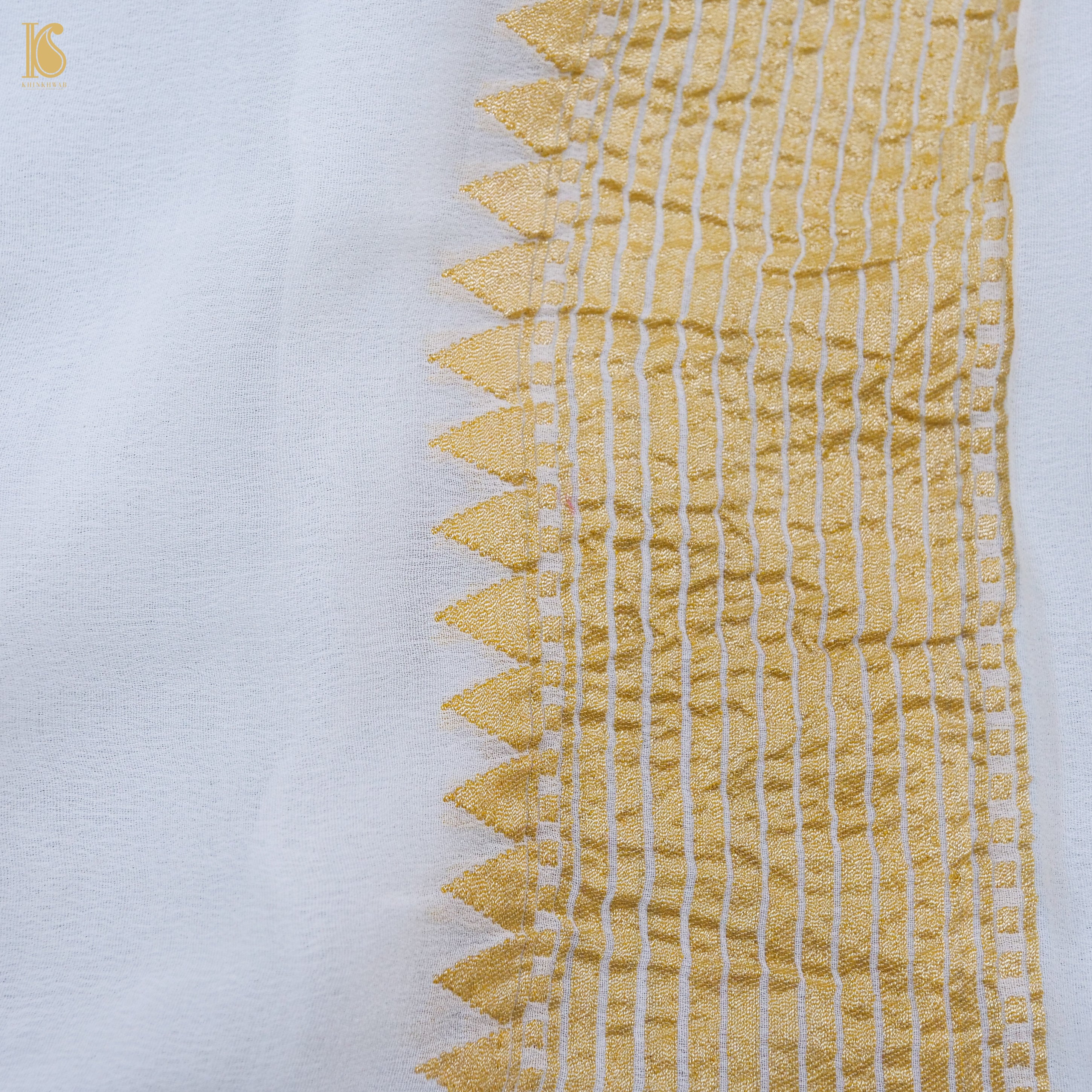 White Pure Georgette Handloom Banarasi Rose Border Saree - Khinkhwab