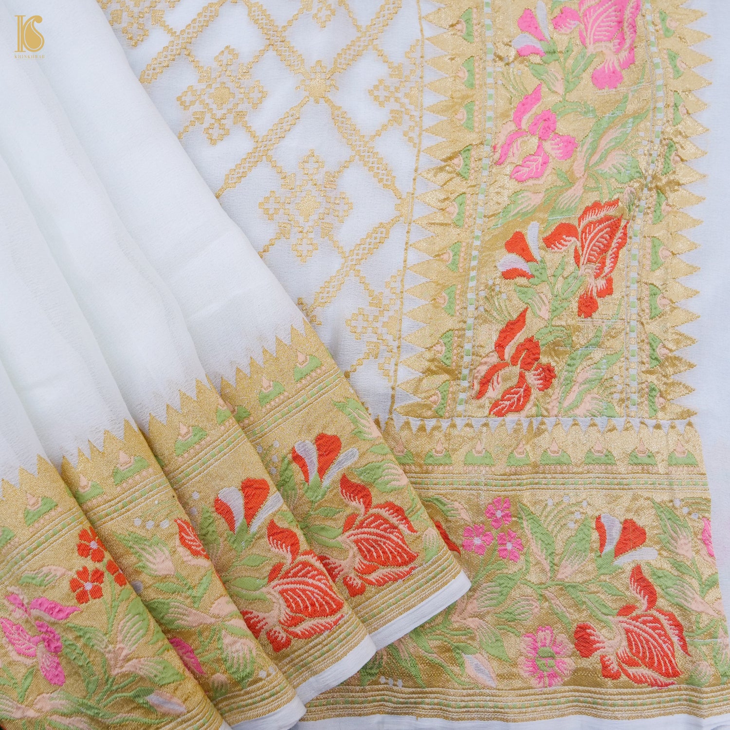White Pure Georgette Handloom Banarasi Rose Border Saree - Khinkhwab