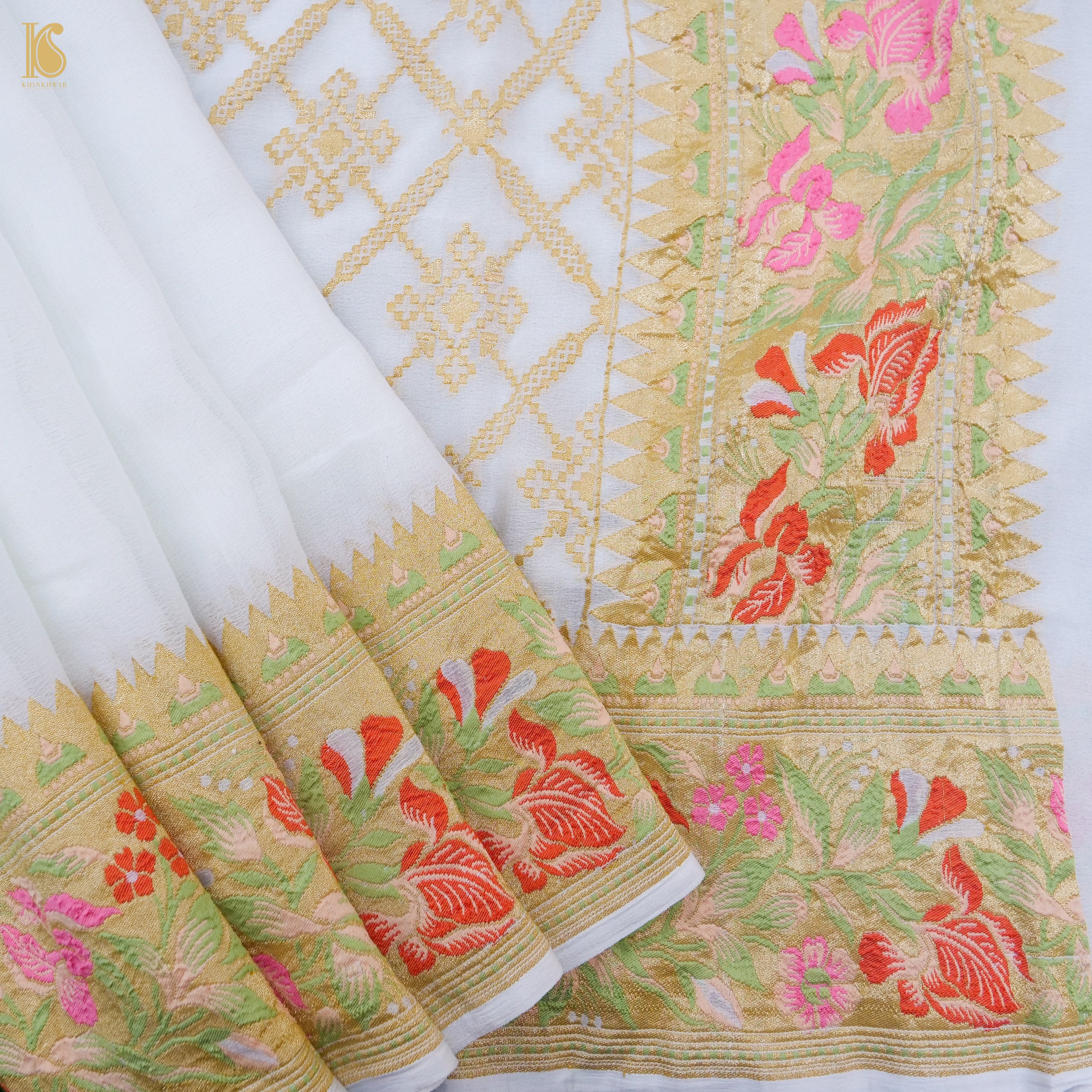 White Pure Georgette Handloom Banarasi Rose Border Saree - Khinkhwab