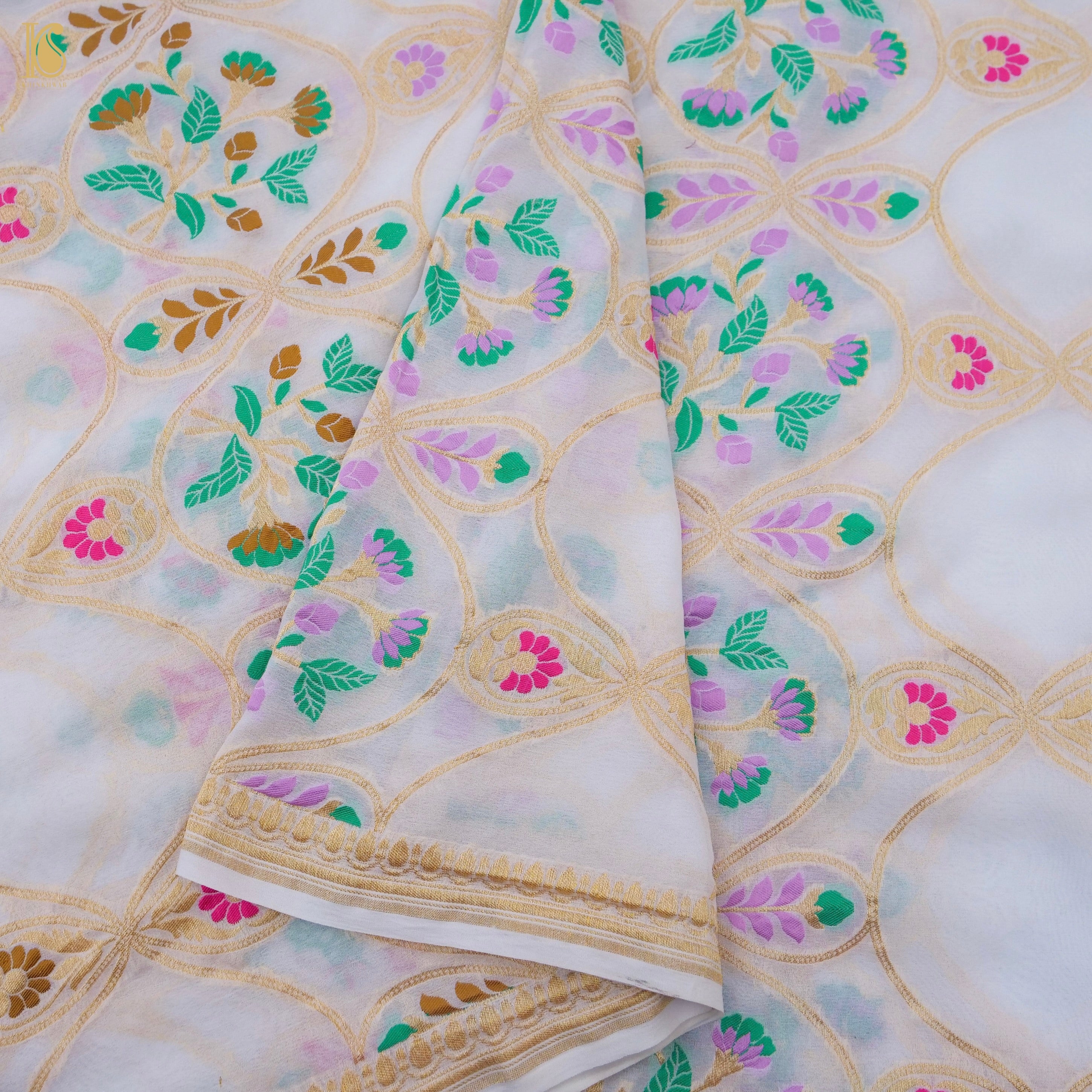 White Pure Georgette Handloom Banarasi Honeycomb Flower Saree - Khinkhwab