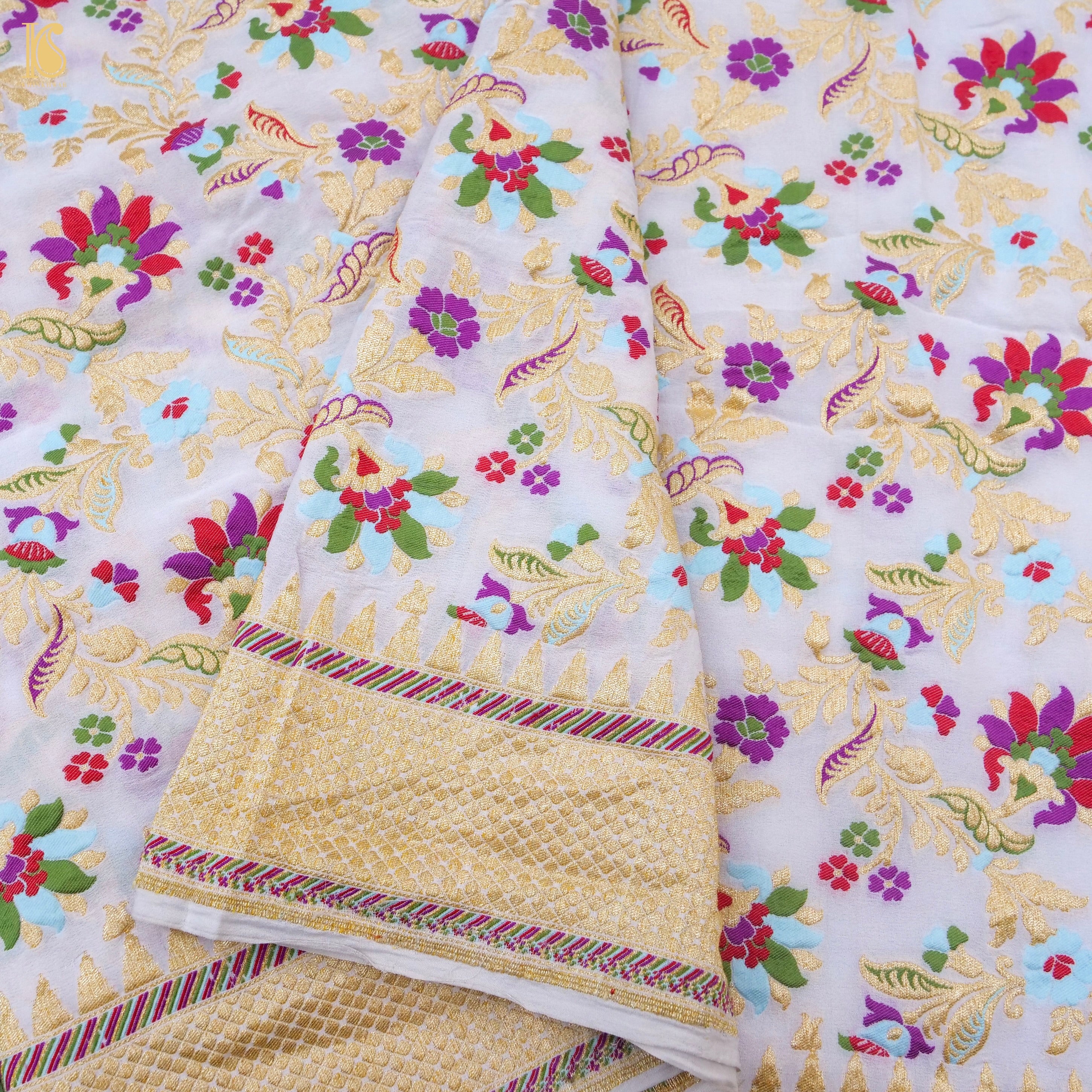 White Pure Georgette Handloom Banarasi Meenakari Flower Saree - Khinkhwab