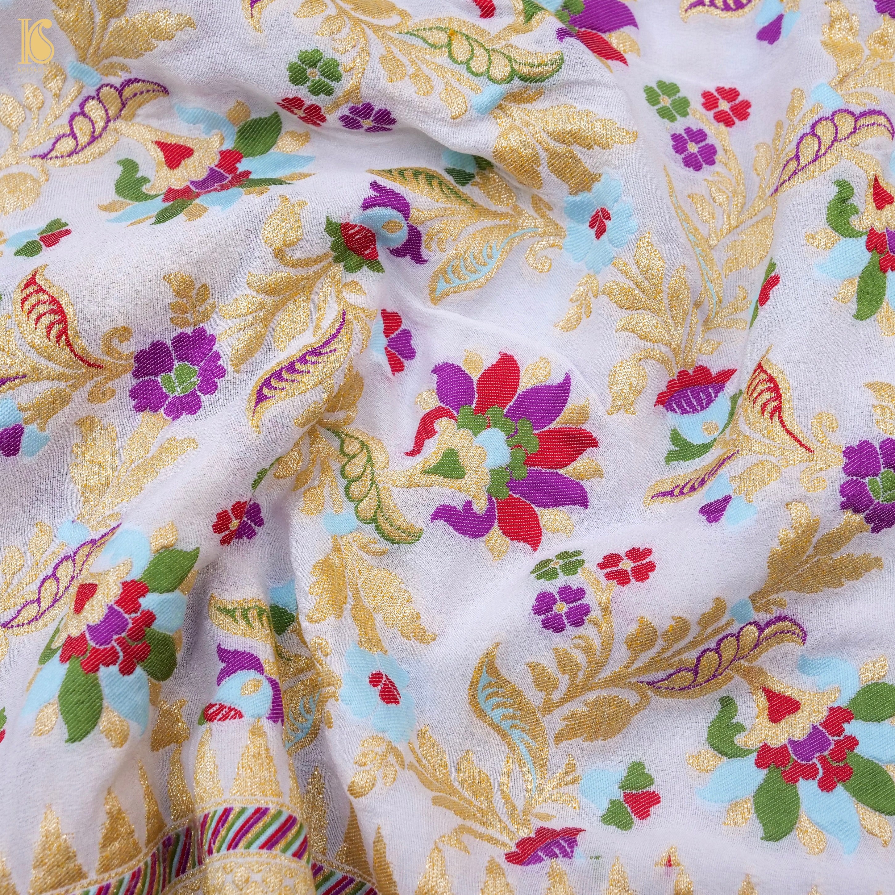 White Pure Georgette Handloom Banarasi Meenakari Flower Saree - Khinkhwab
