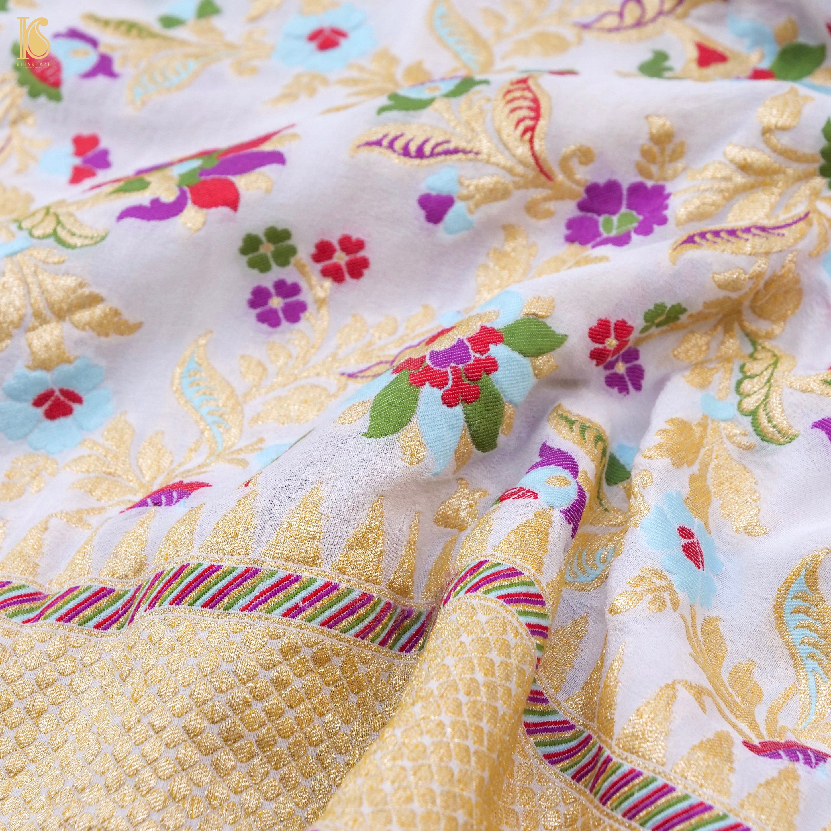 White Pure Georgette Handloom Banarasi Meenakari Flower Saree - Khinkhwab