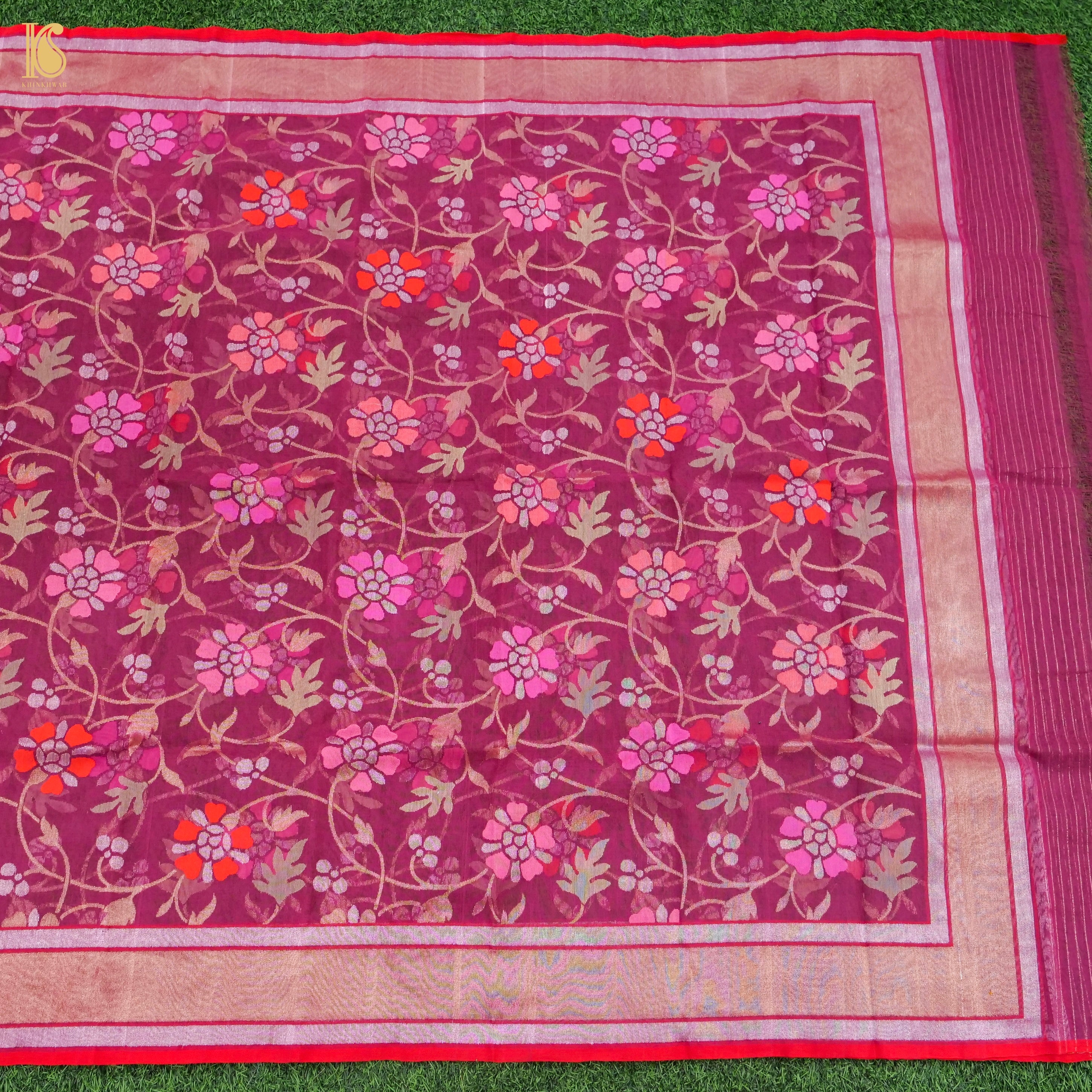 Lipstick Pink Pure Cotton Real Silver Zari Handloom Banarasi Dupatta - Khinkhwab