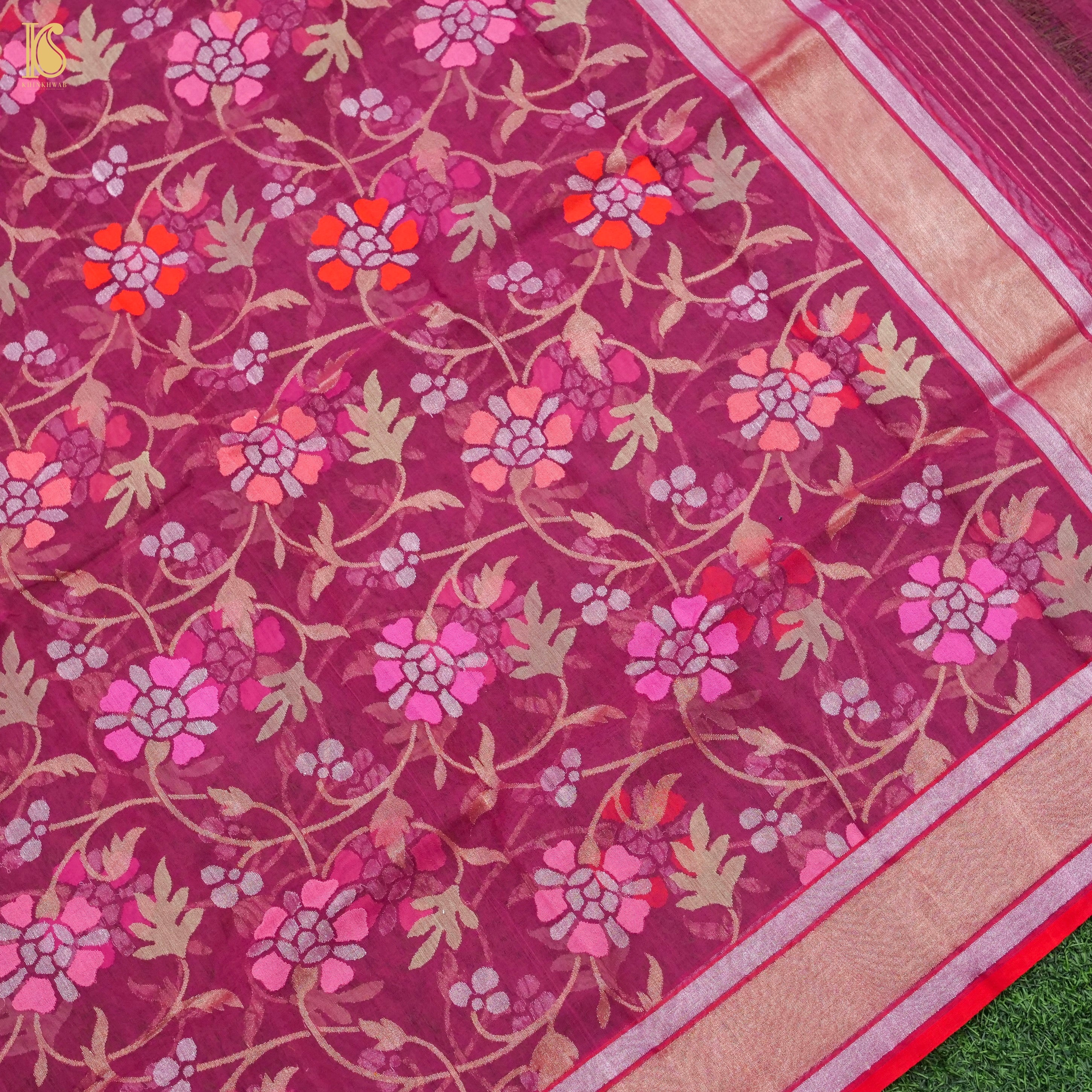 Lipstick Pink Pure Cotton Real Silver Zari Handloom Banarasi Dupatta - Khinkhwab