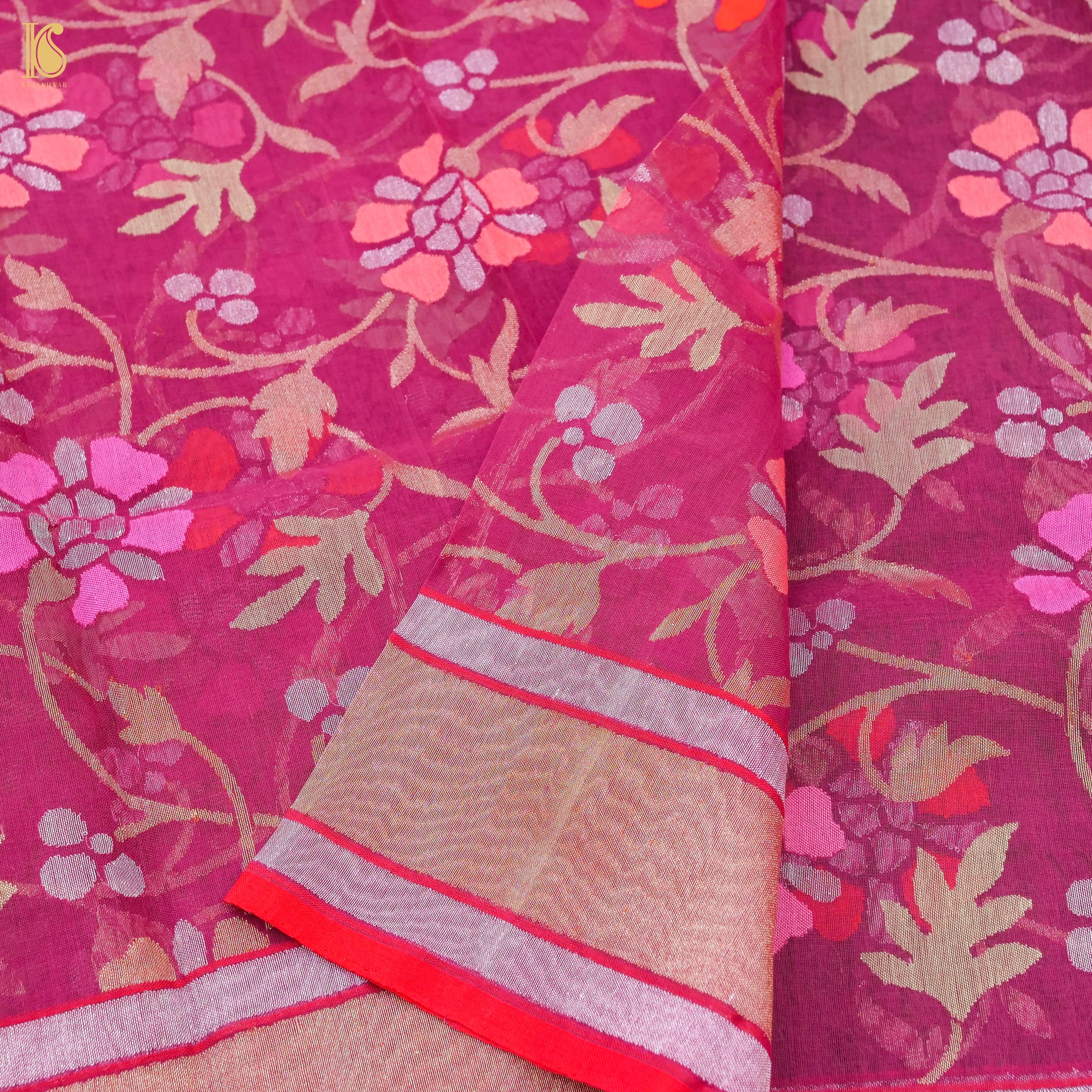 Lipstick Pink Pure Cotton Real Silver Zari Handloom Banarasi Dupatta - Khinkhwab