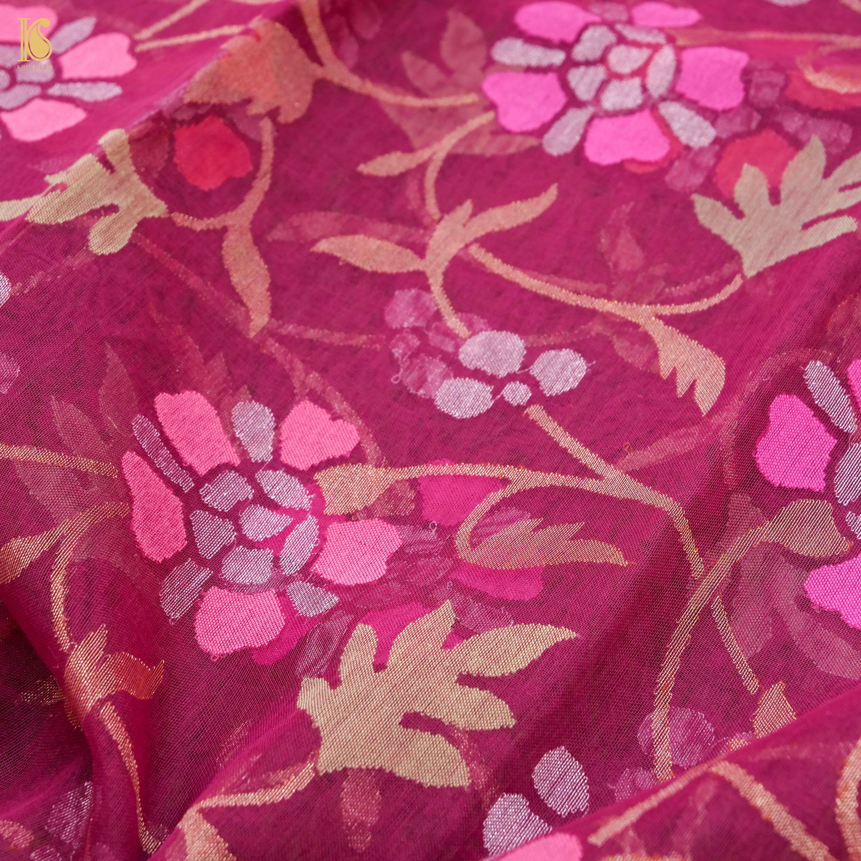 Lipstick Pink Pure Cotton Real Silver Zari Handloom Banarasi Dupatta - Khinkhwab