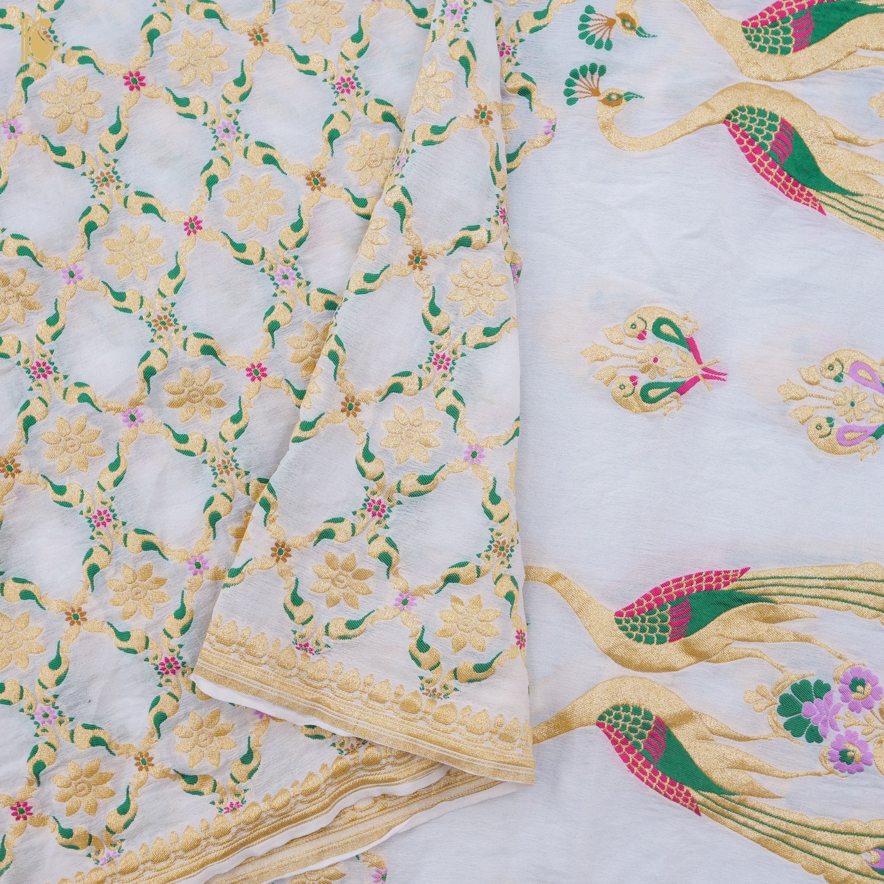 White Banarasi Pure Georgette Meenakari Peacock Dupatta - Khinkhwab
