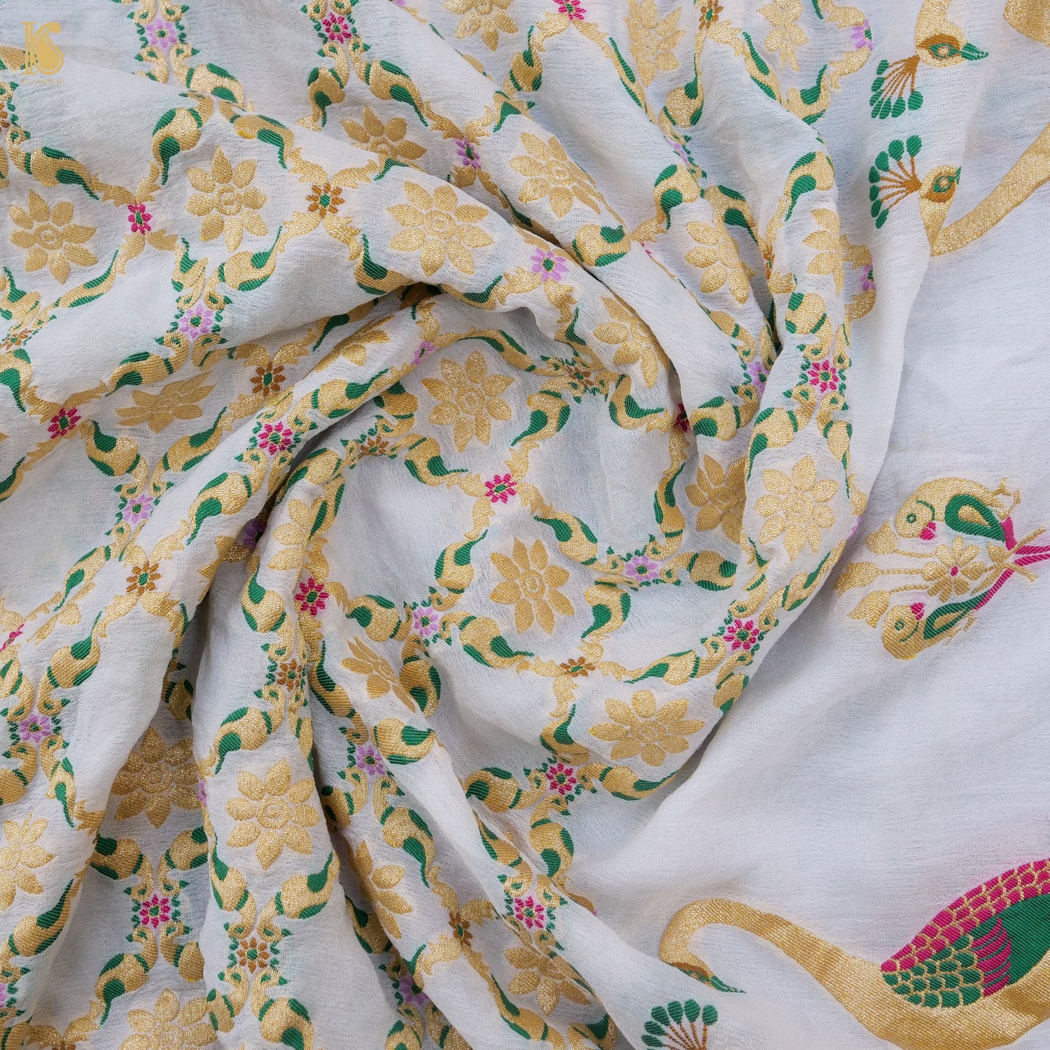 White Banarasi Pure Georgette Meenakari Peacock Dupatta - Khinkhwab