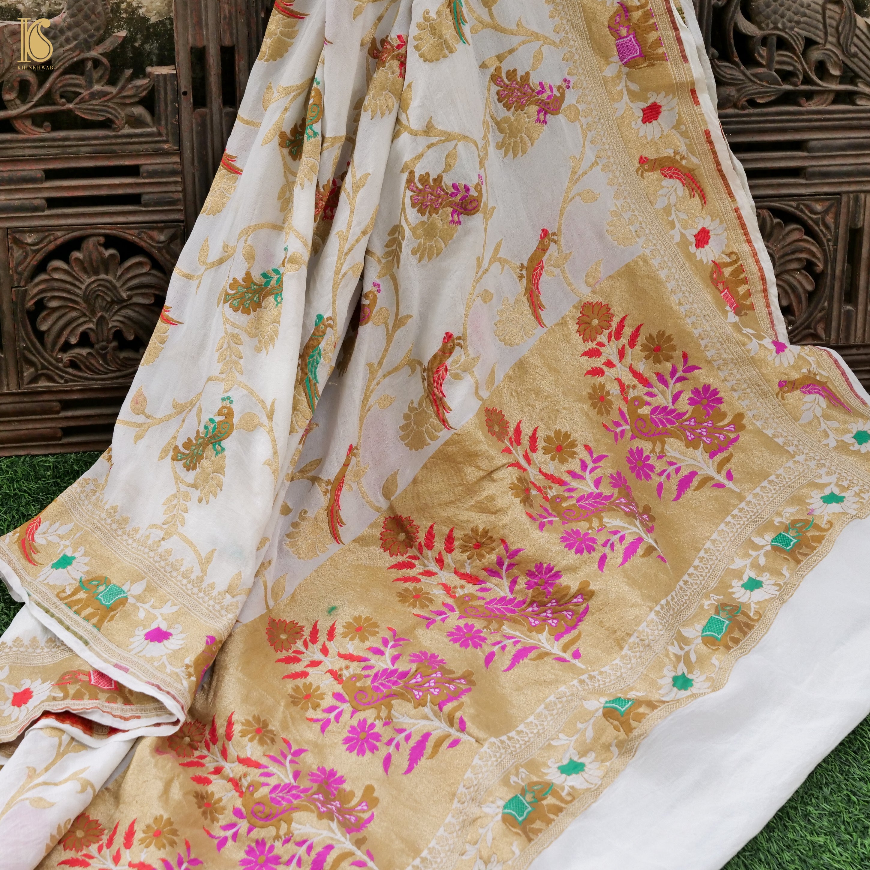 White Banarasi Georgette Meenakari Birds of Paradise Dupatta - Khinkhwab