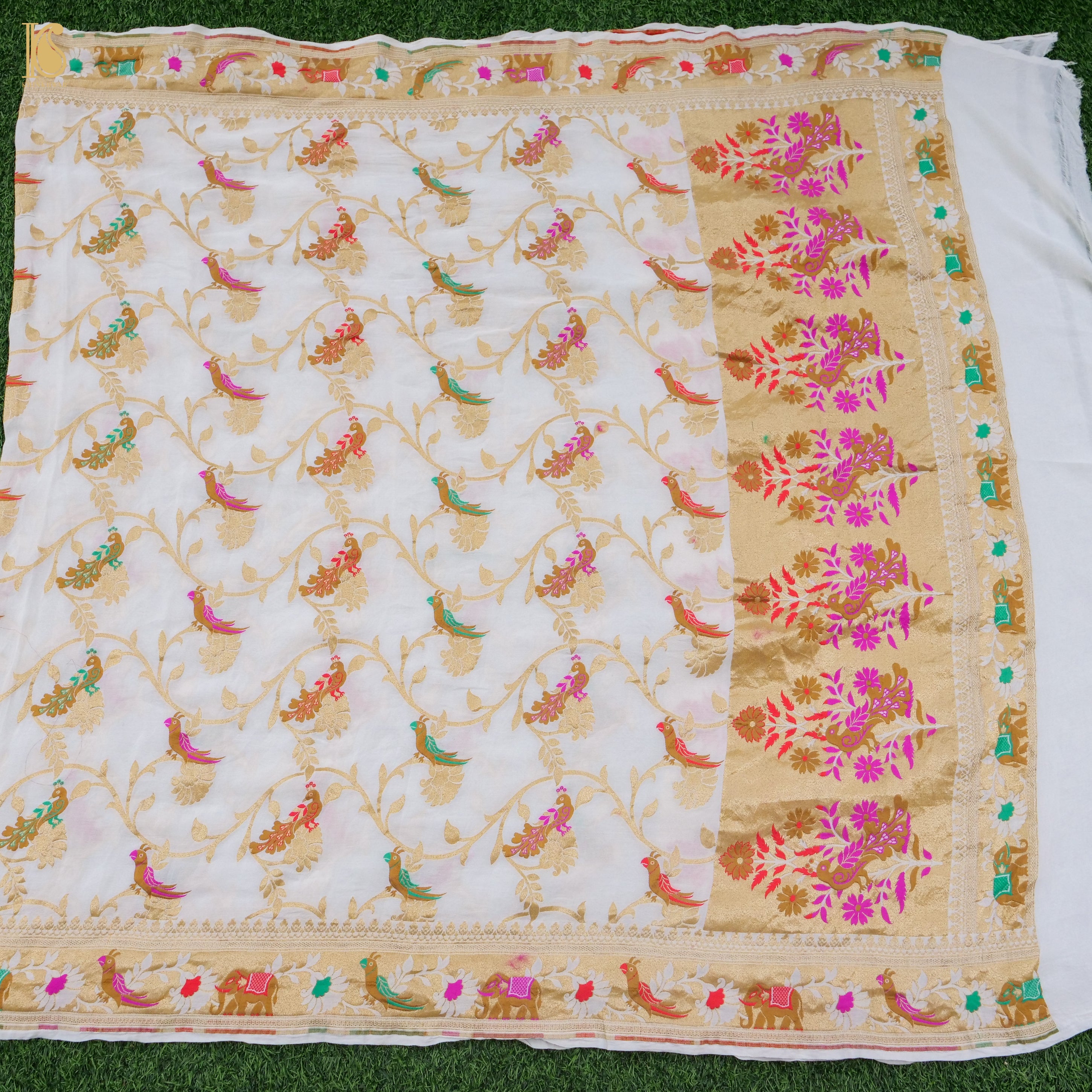 White Banarasi Georgette Meenakari Birds of Paradise Dupatta - Khinkhwab