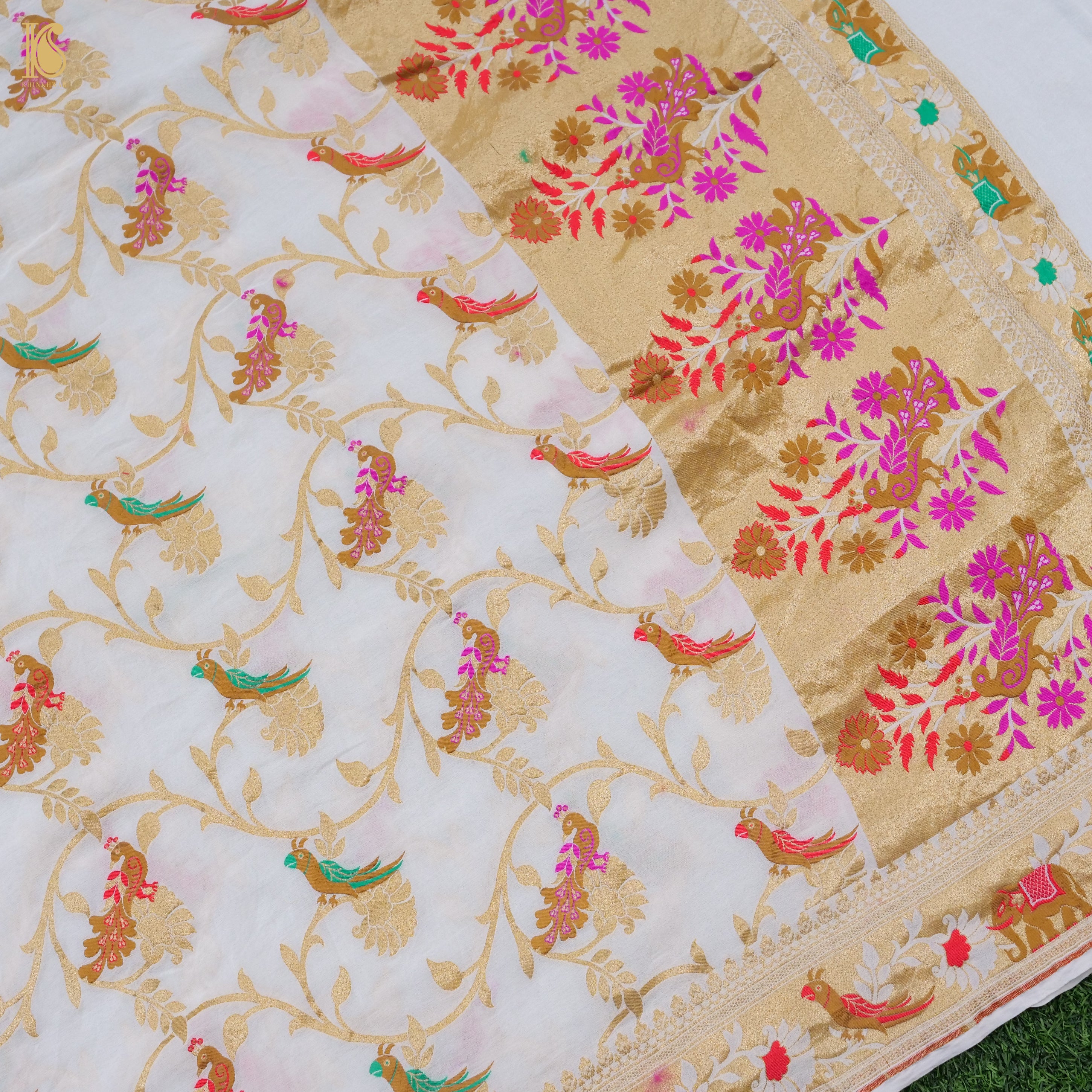 White Banarasi Georgette Meenakari Birds of Paradise Dupatta - Khinkhwab