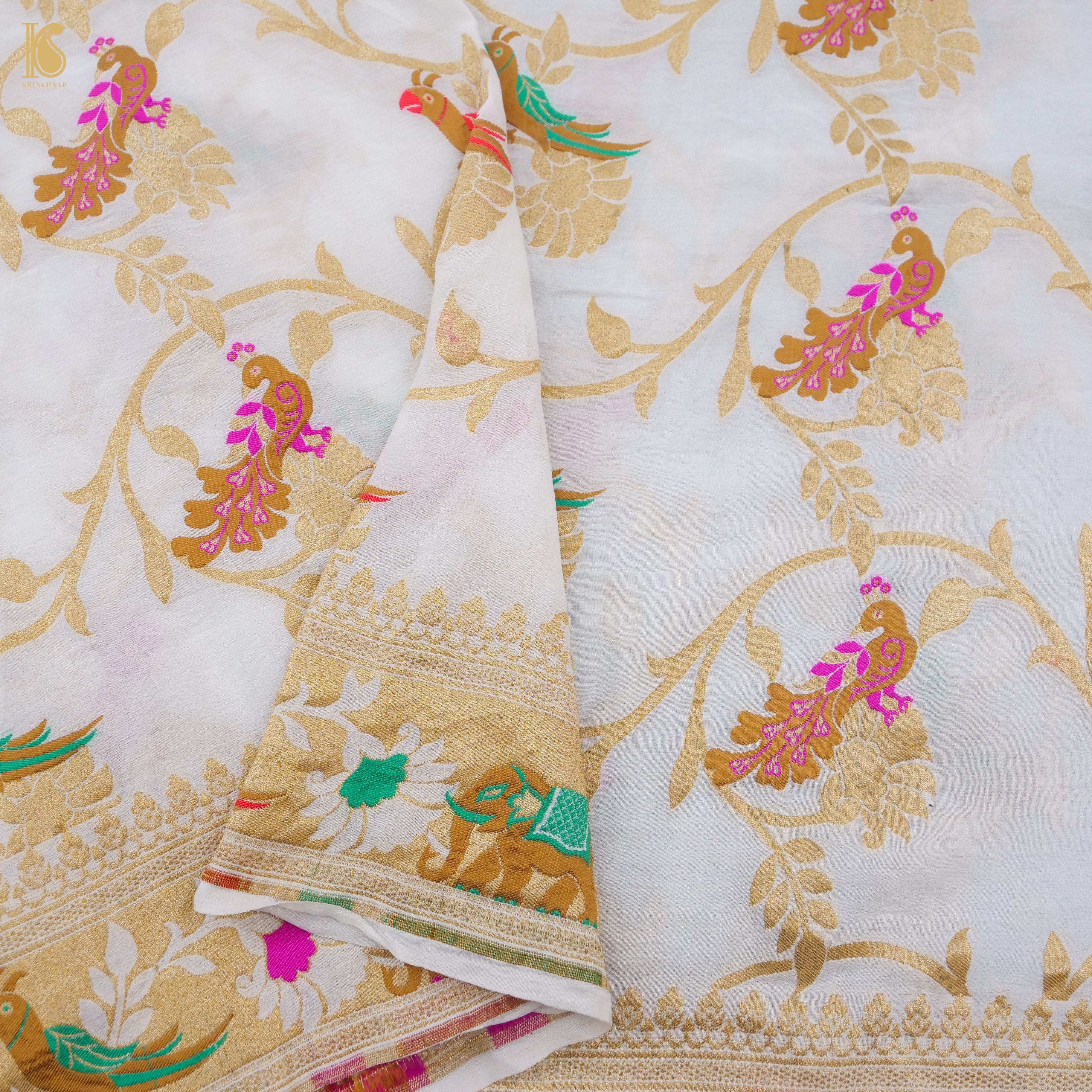 White Banarasi Georgette Meenakari Birds of Paradise Dupatta - Khinkhwab
