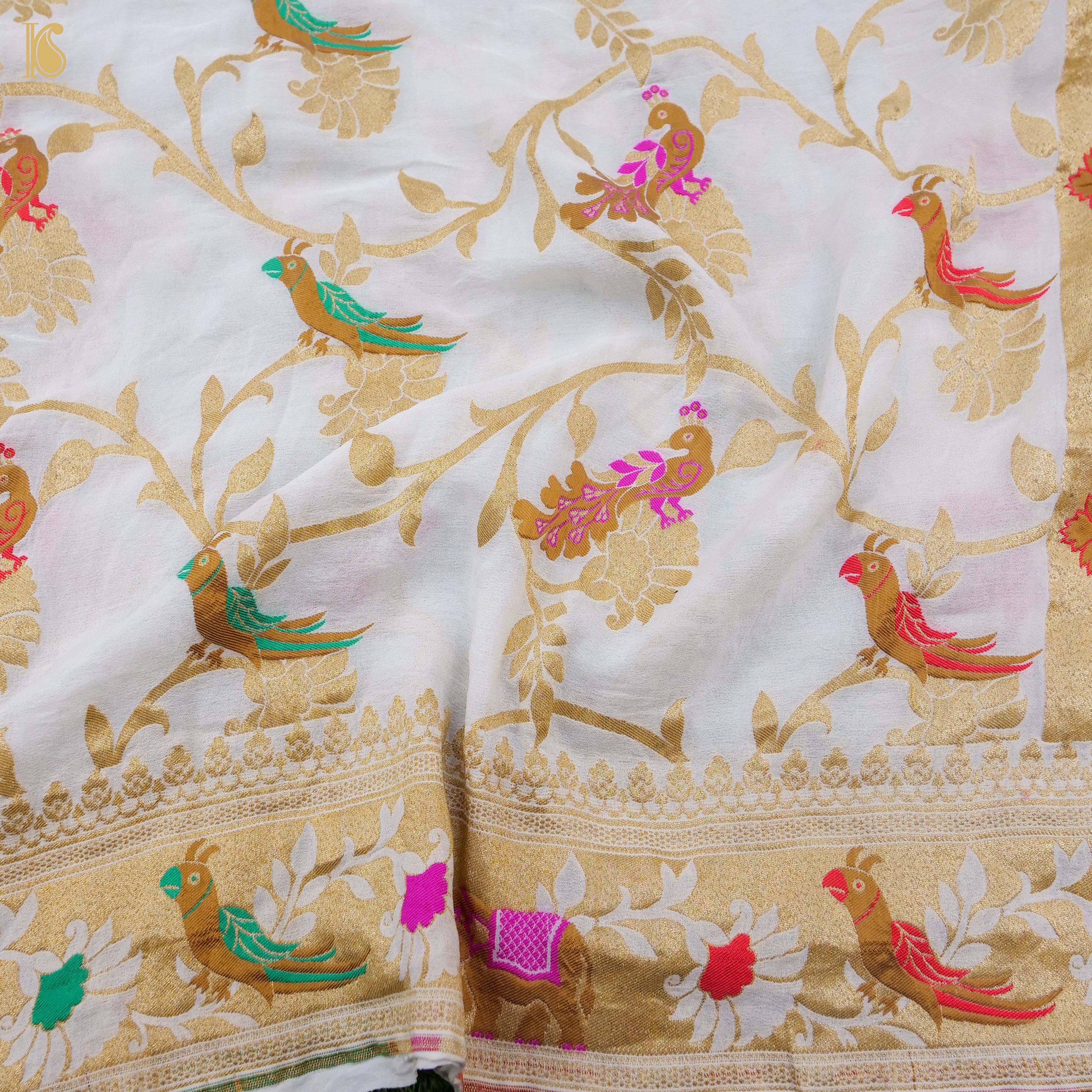 White Banarasi Georgette Meenakari Birds of Paradise Dupatta - Khinkhwab