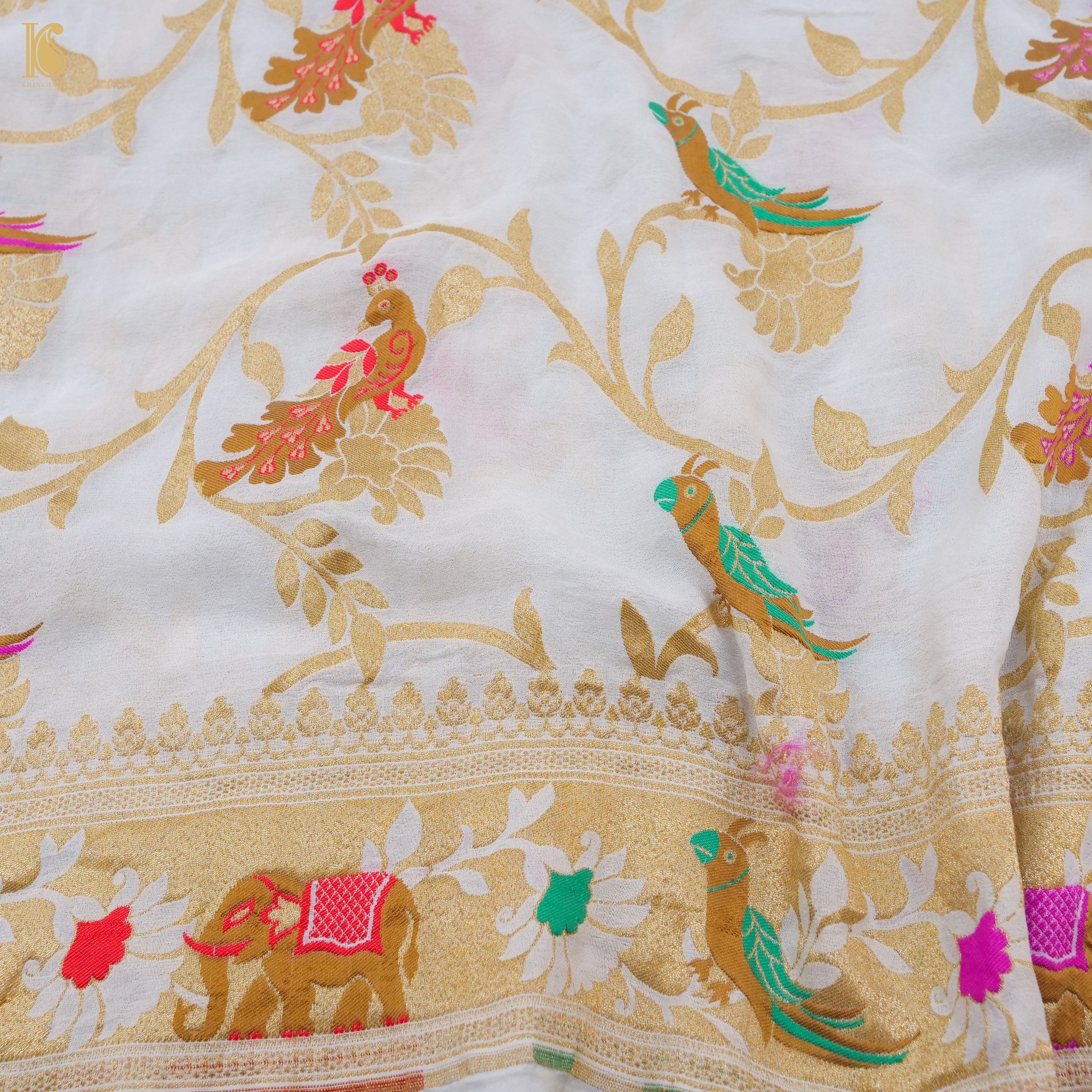 White Banarasi Georgette Meenakari Birds of Paradise Dupatta - Khinkhwab