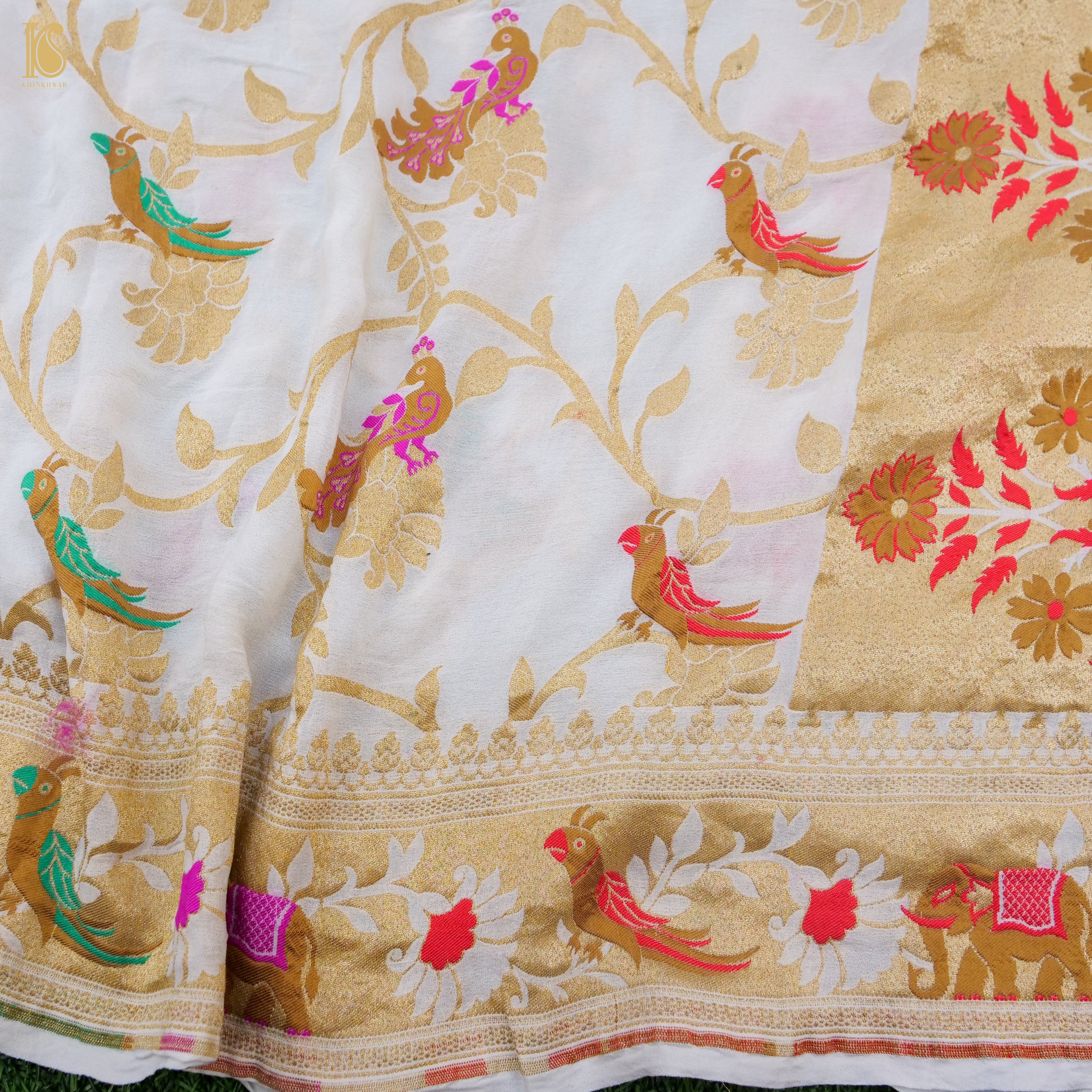 White Banarasi Georgette Meenakari Birds of Paradise Dupatta - Khinkhwab