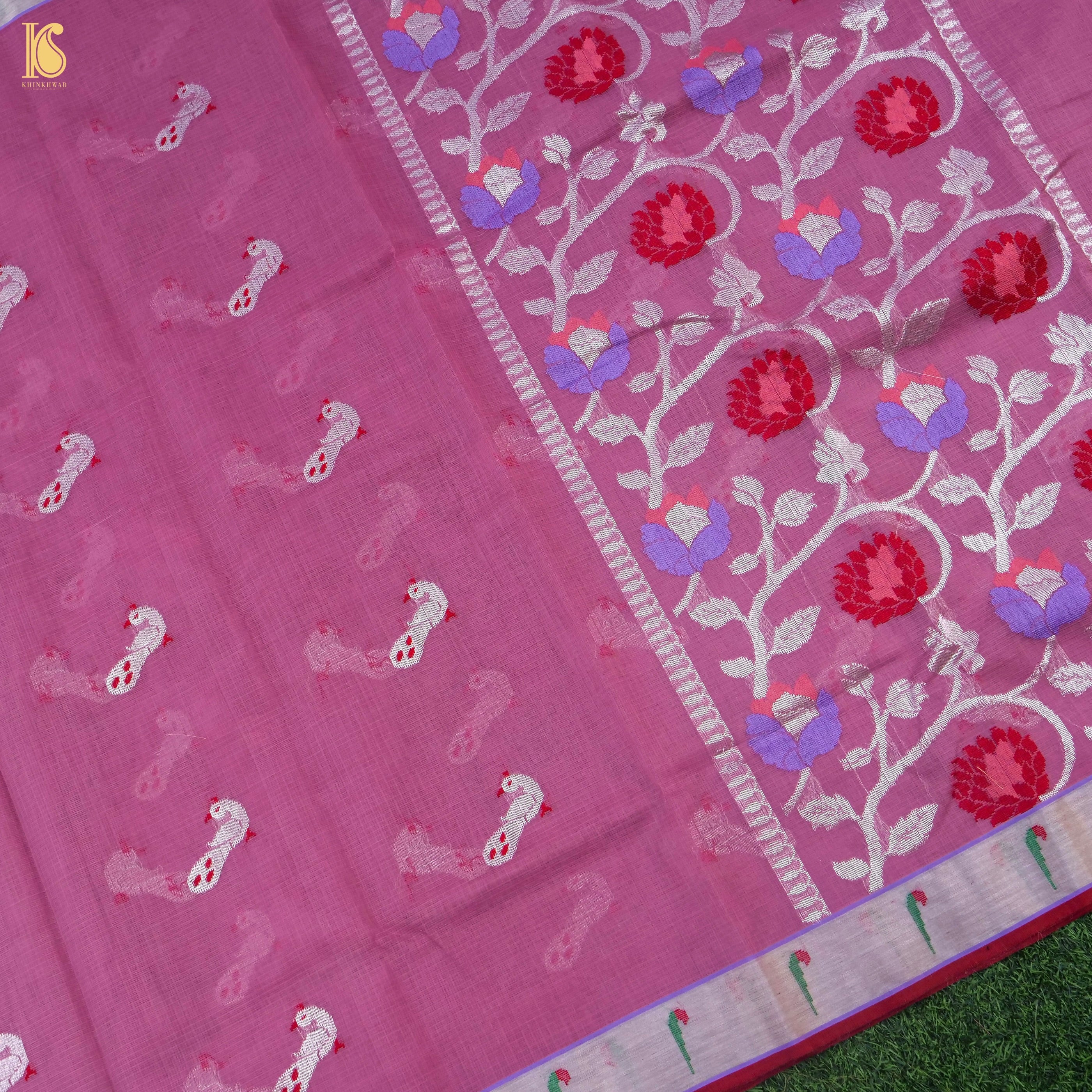 Handwoven Mulberry Pink Real Zari Kota Silk Saree with Muniya Border - Khinkhwab