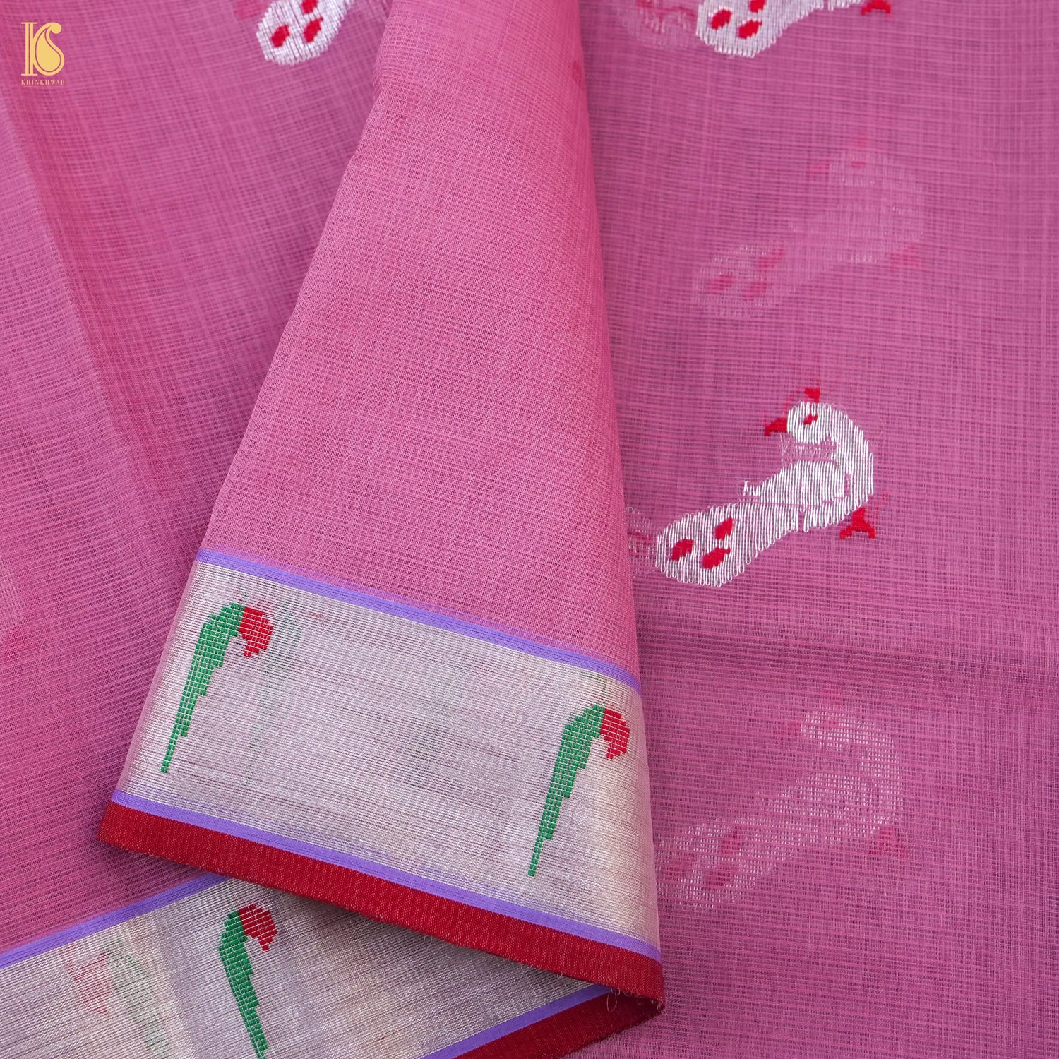 Handwoven Mulberry Pink Real Zari Kota Silk Saree with Muniya Border - Khinkhwab
