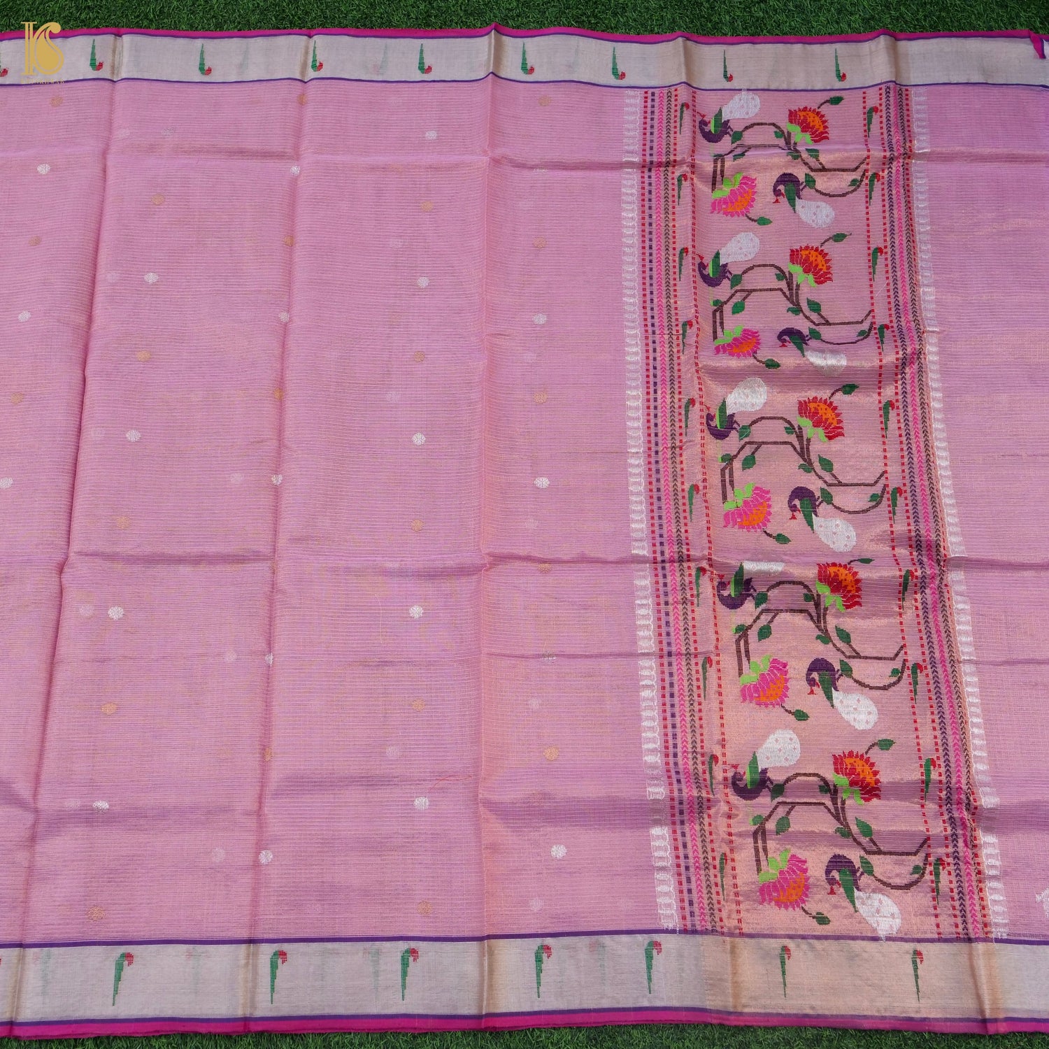Handwoven Hopbush Pink Real Zari Kota Silk by Tissue Saree with Muniya Border - Khinkhwab