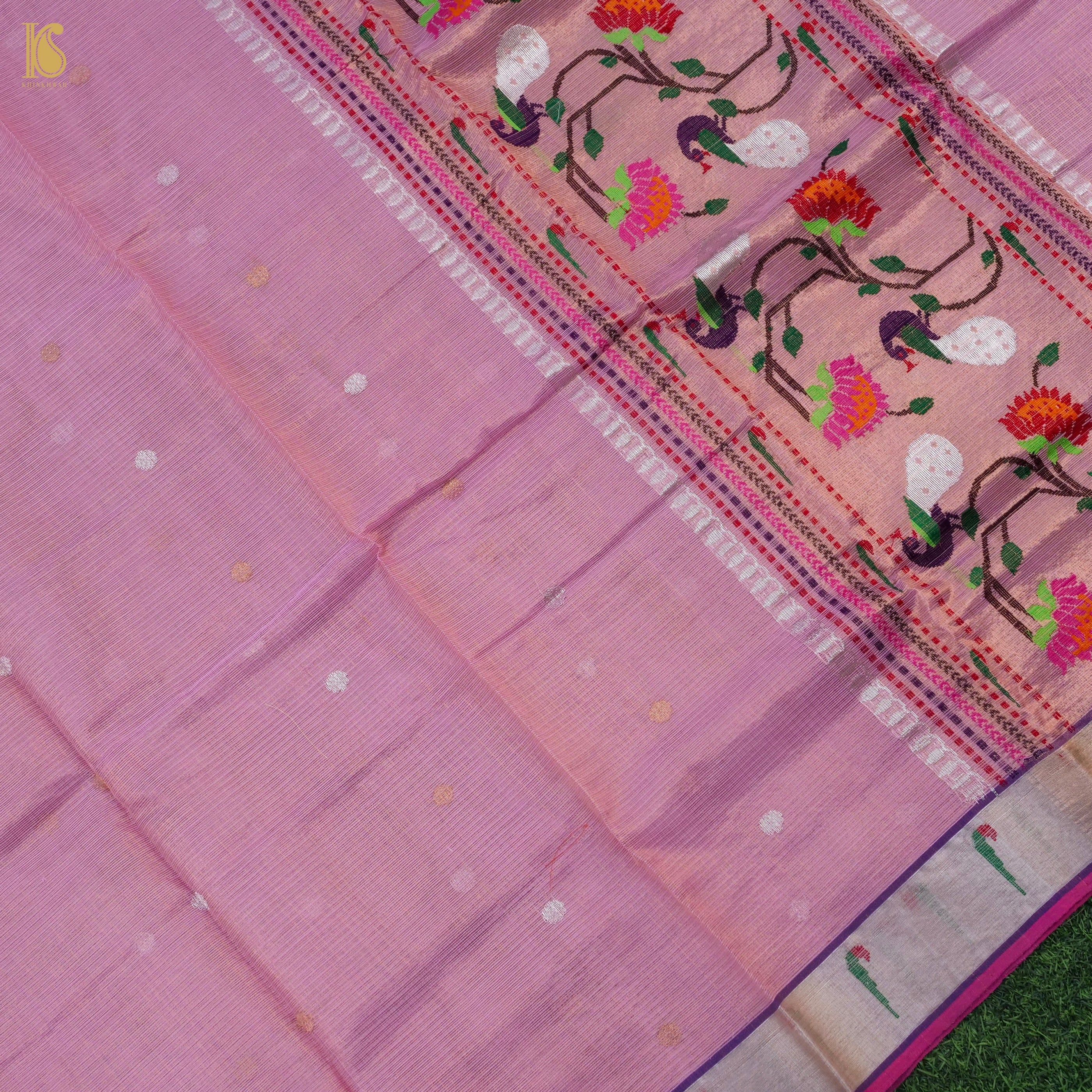 Handwoven Hopbush Pink Real Zari Kota Silk by Tissue Saree with Muniya Border - Khinkhwab