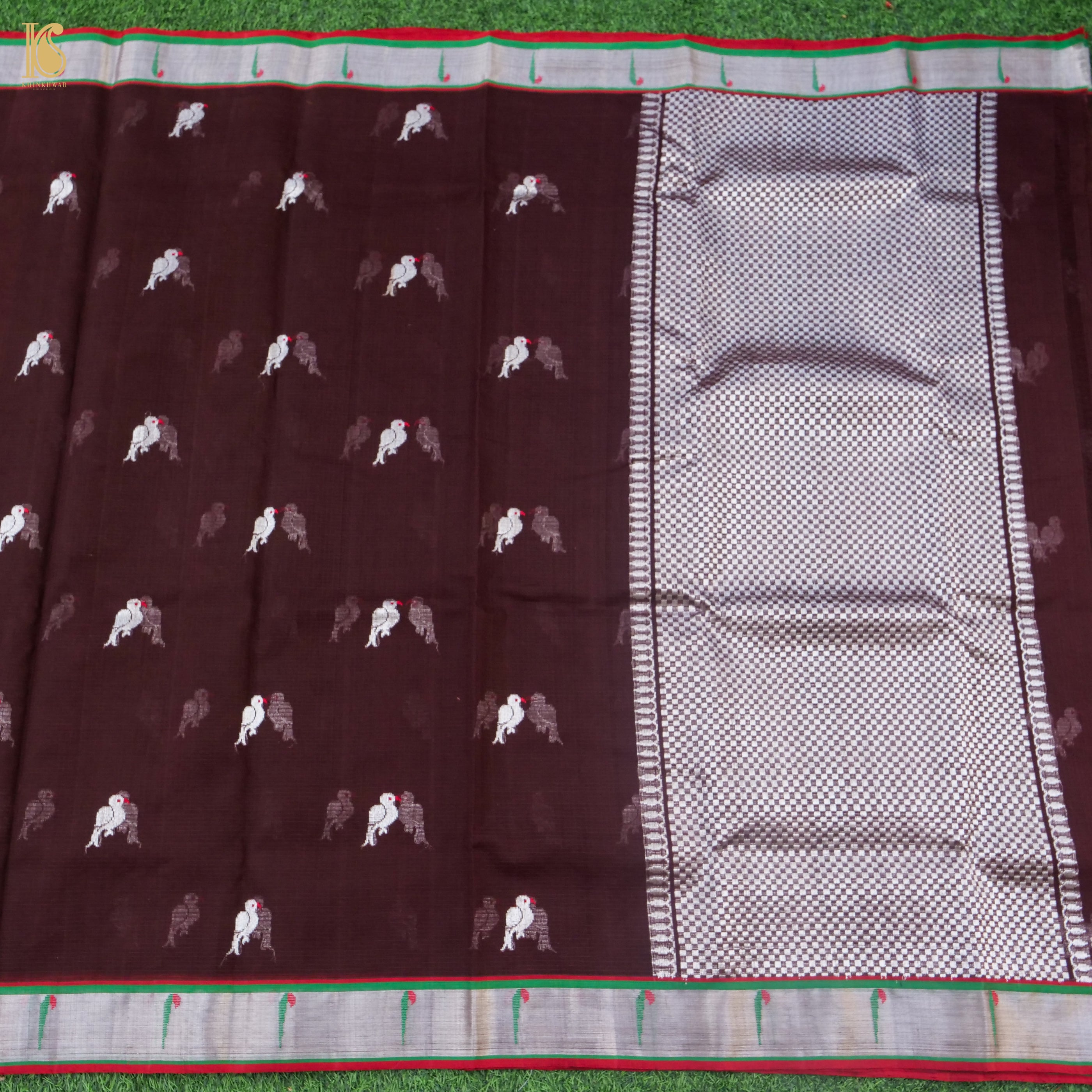 Handwoven Tosca Brown Real Zari Kota Silk Saree with Muniya Border - Khinkhwab