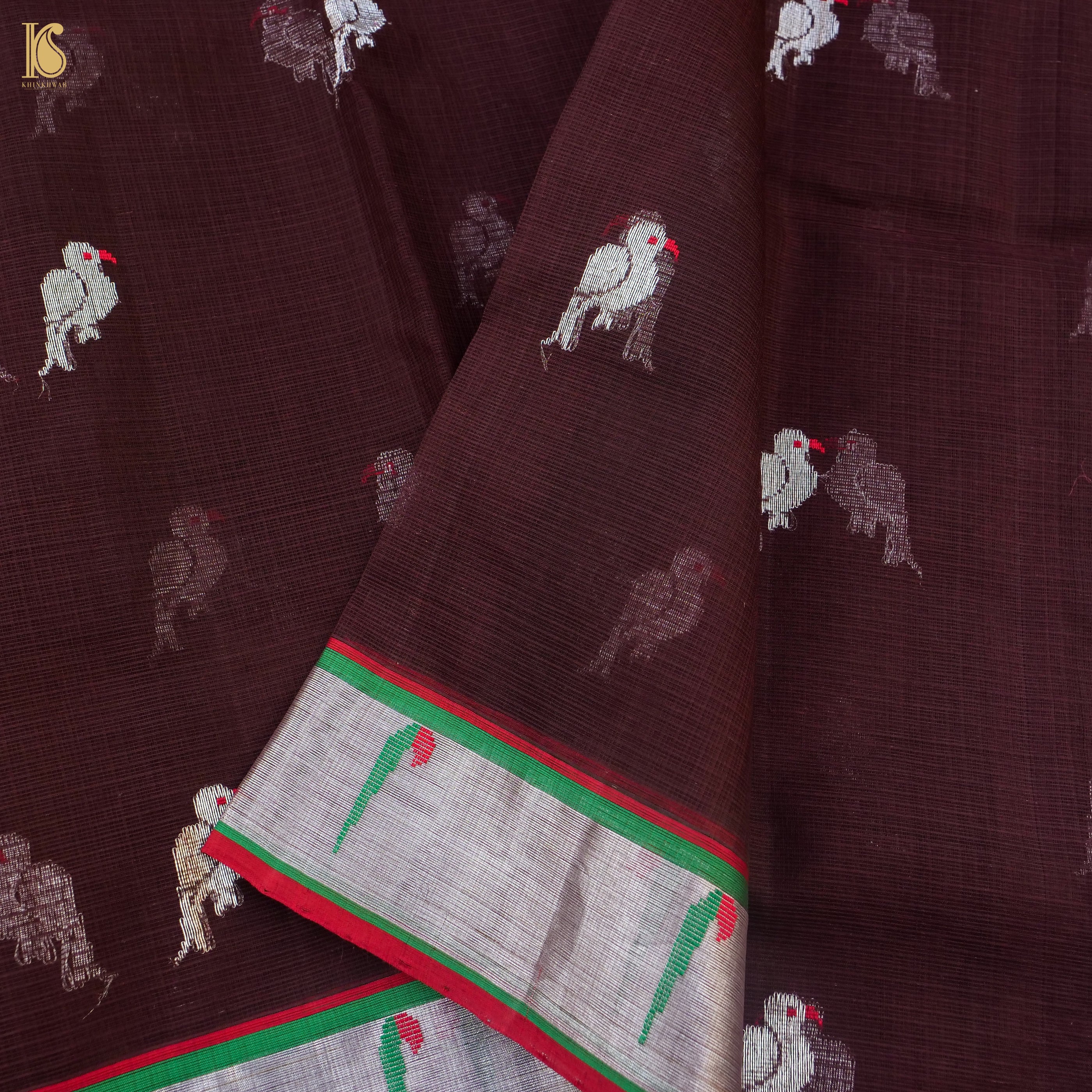 Handwoven Tosca Brown Real Zari Kota Silk Saree with Muniya Border - Khinkhwab