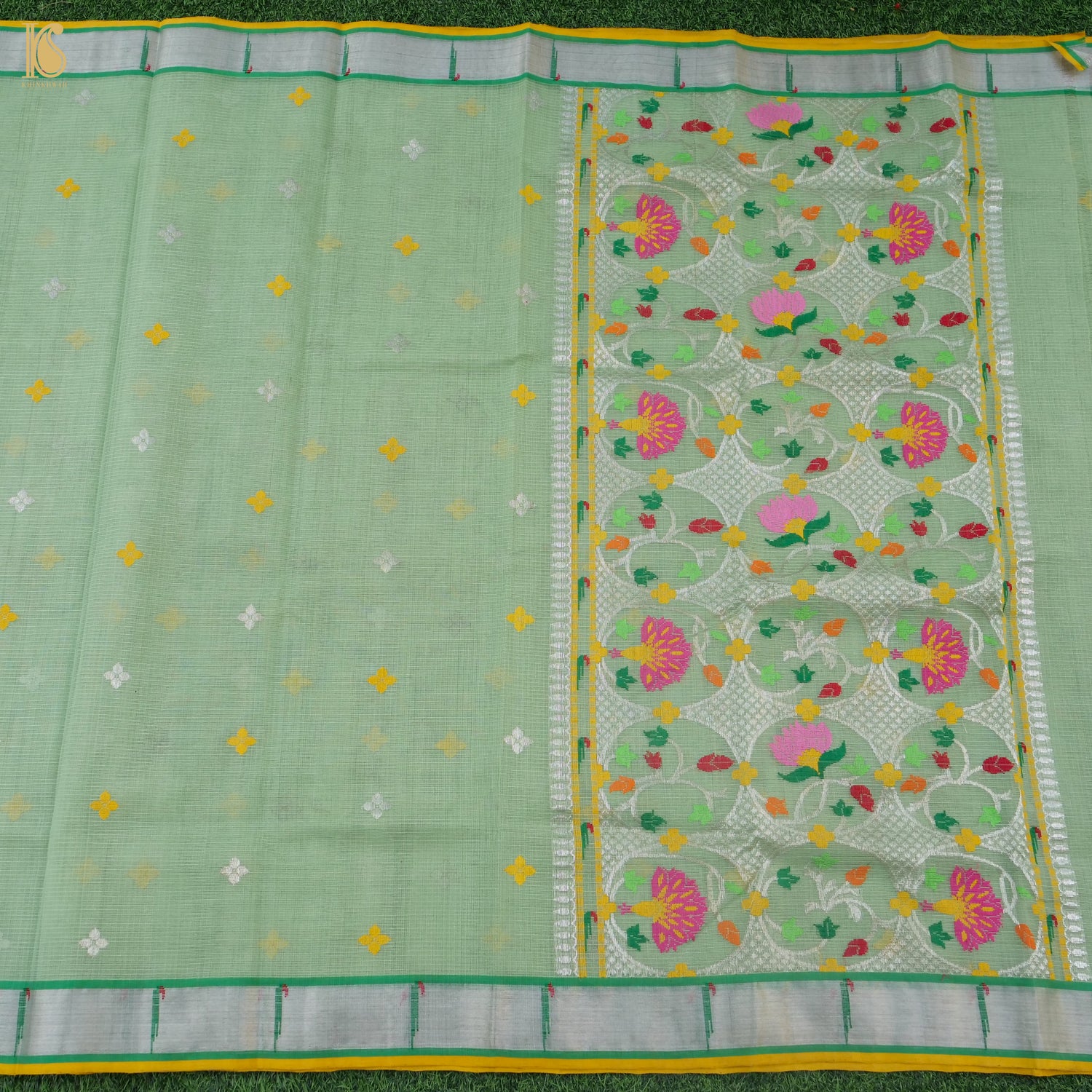 Handwoven Mantle Green Real Zari Kota Silk Saree with Muniya Border - Khinkhwab