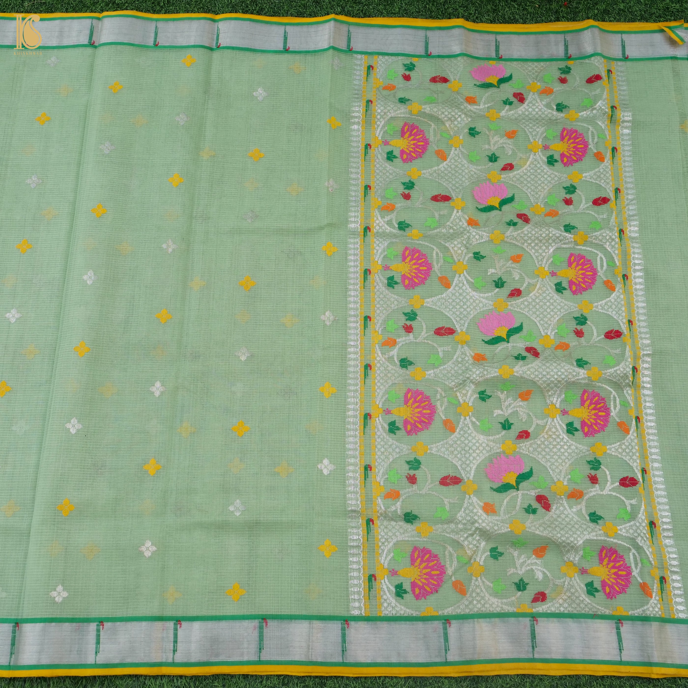 Handwoven Mantle Green Real Zari Kota Silk Saree with Muniya Border - Khinkhwab