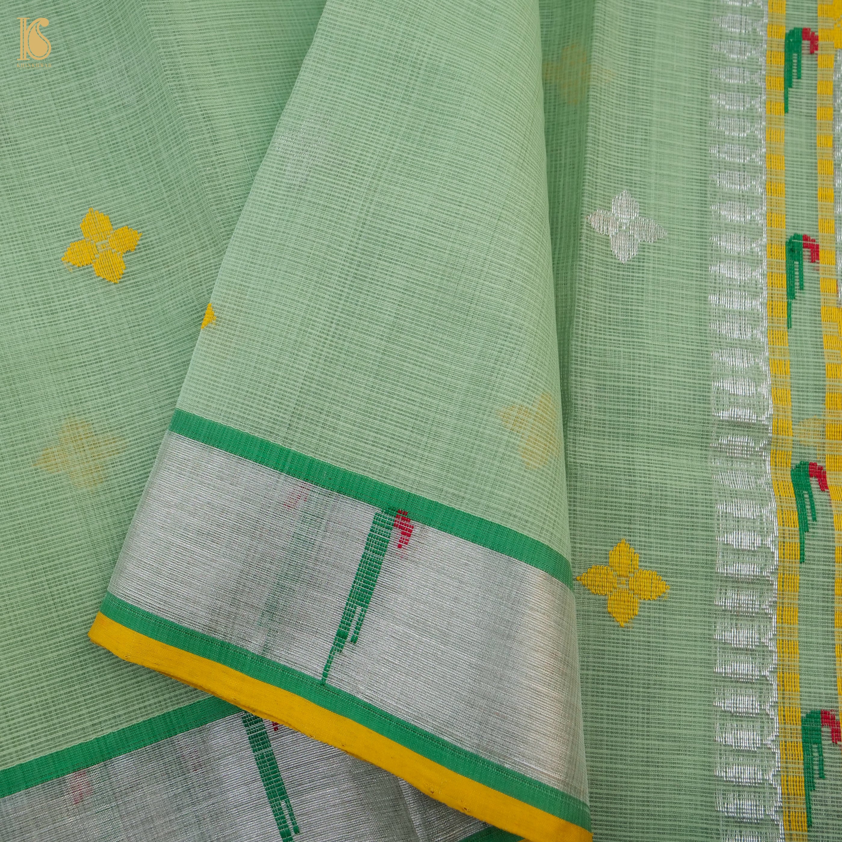 Handwoven Mantle Green Real Zari Kota Silk Saree with Muniya Border - Khinkhwab