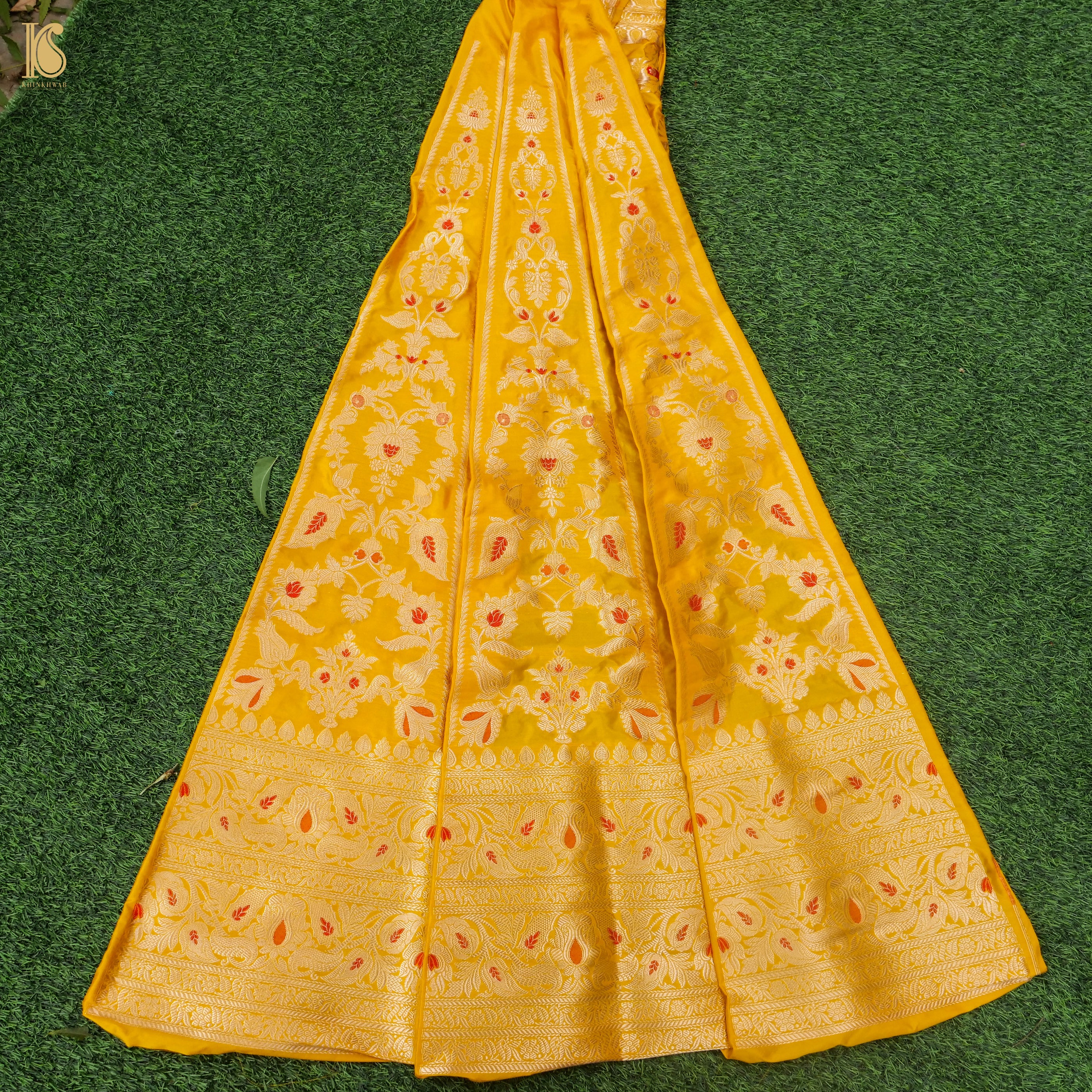 Gamboge Yellow Pure Katan Silk Handloom Banarasi Kalidar Lehenga - Khinkhwab