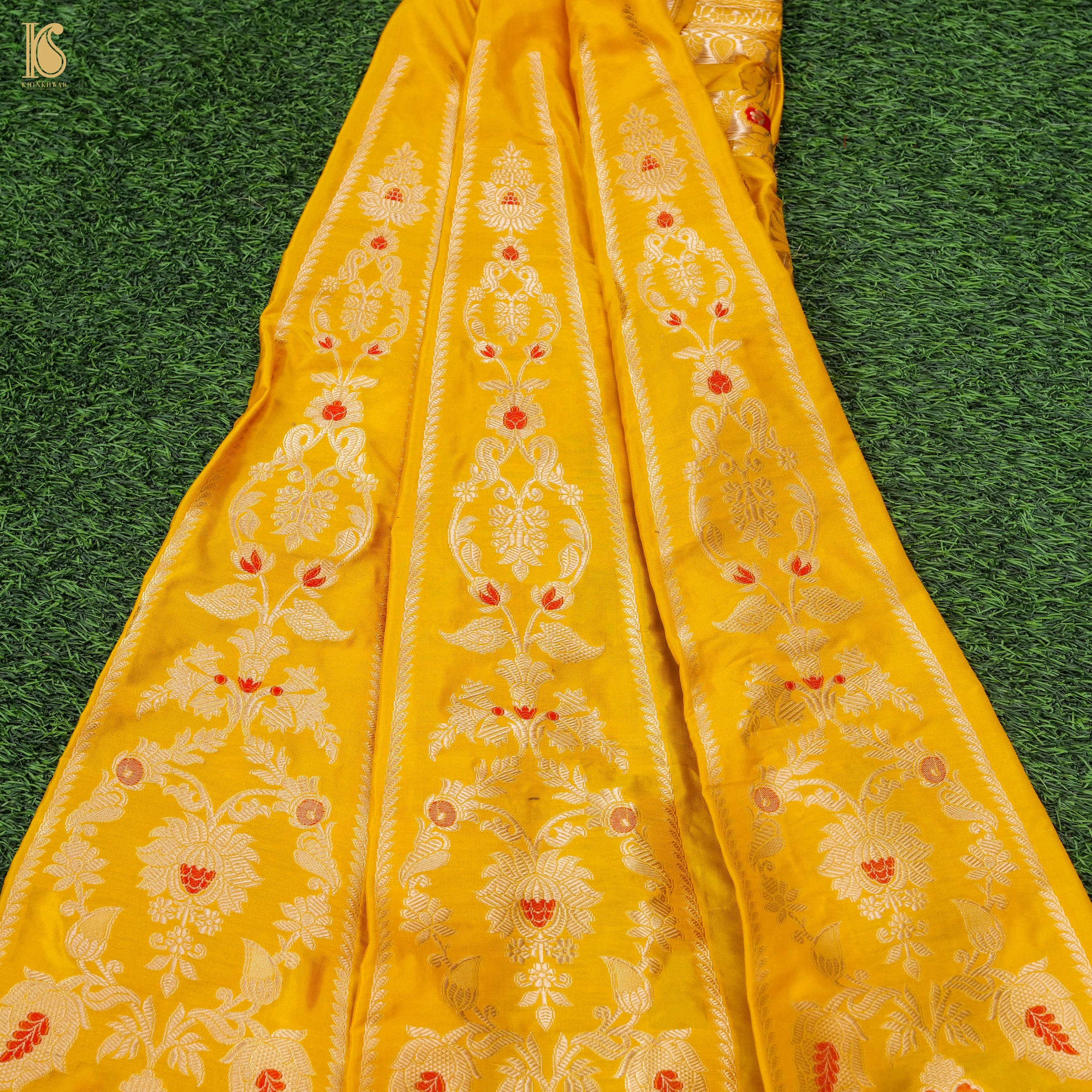 Gamboge Yellow Pure Katan Silk Handloom Banarasi Kalidar Lehenga - Khinkhwab