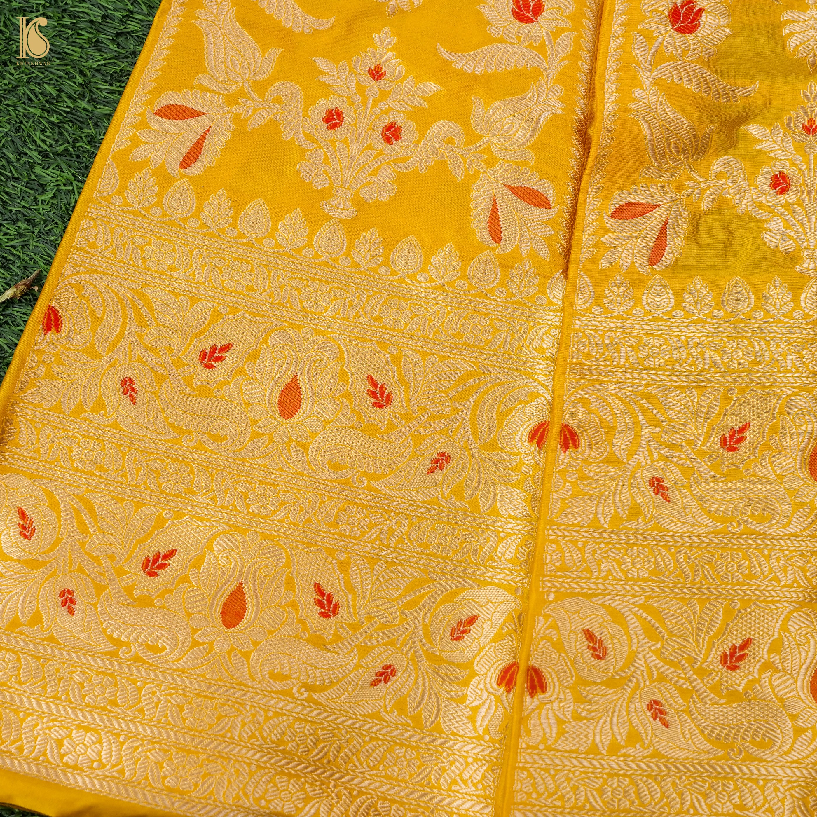 Gamboge Yellow Pure Katan Silk Handloom Banarasi Kalidar Lehenga - Khinkhwab