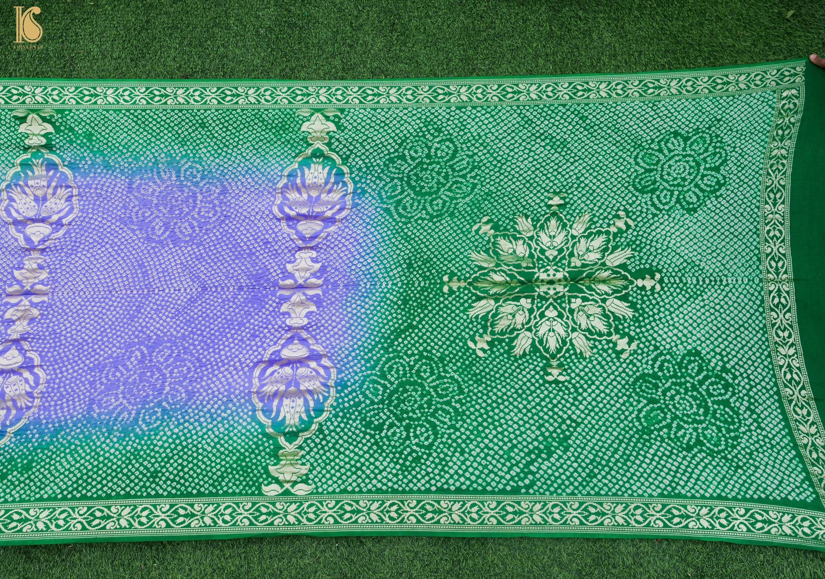 Preorder - Green & Purple Handwoven Bandhani Pure Moonga Silk Turkish Saree - Khinkhwab