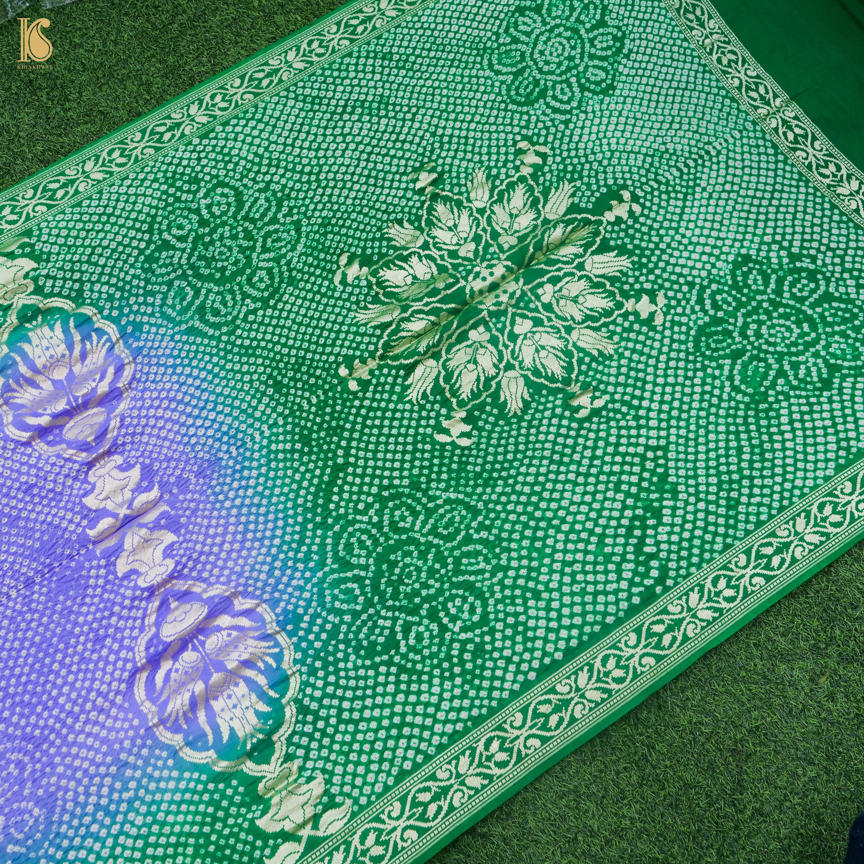 Preorder - Green & Purple Handwoven Bandhani Pure Moonga Silk Turkish Saree - Khinkhwab