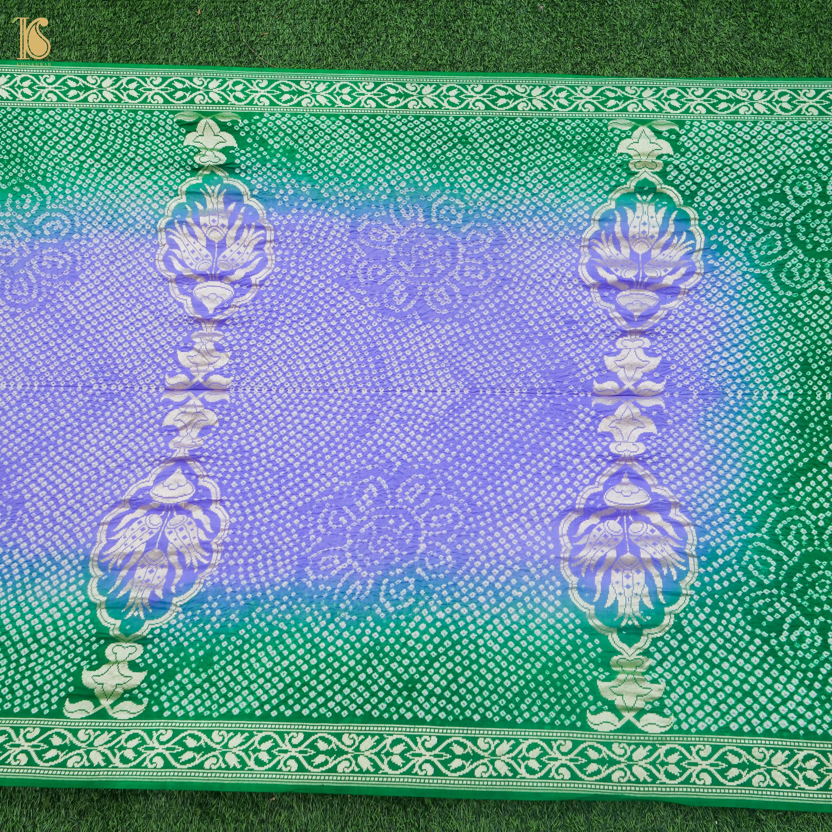 Preorder - Green & Purple Handwoven Bandhani Pure Moonga Silk Turkish Saree - Khinkhwab