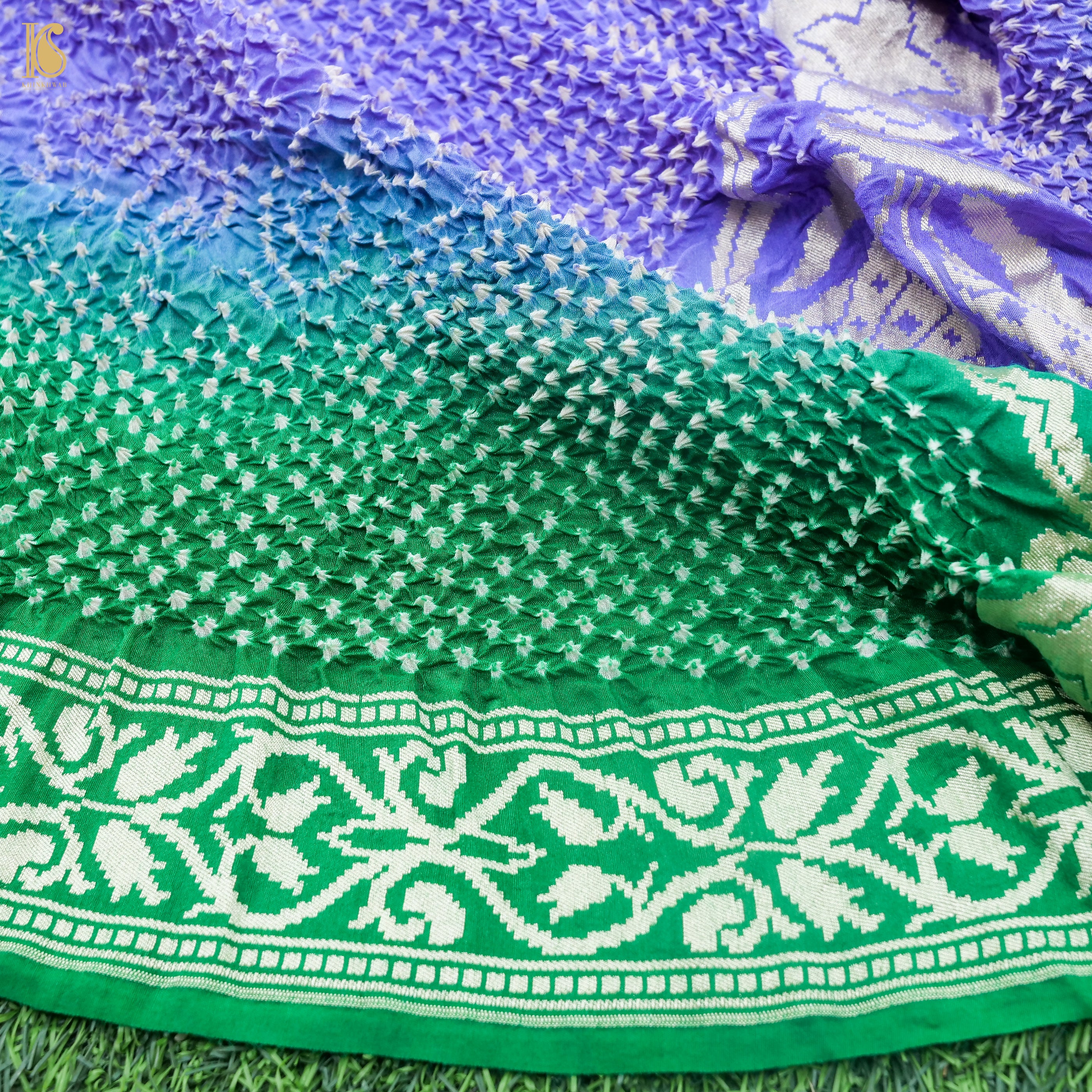 Preorder - Green & Purple Handwoven Bandhani Pure Moonga Silk Turkish Saree - Khinkhwab